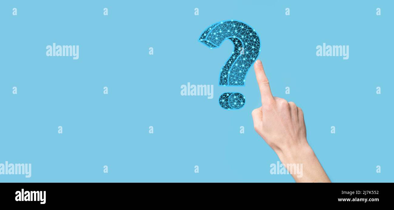 Question mark. 3d abstract on dark background with dots and stars. Ask symbol. Help support, faq problem symbol, think education concept, confusion se Stock Photo