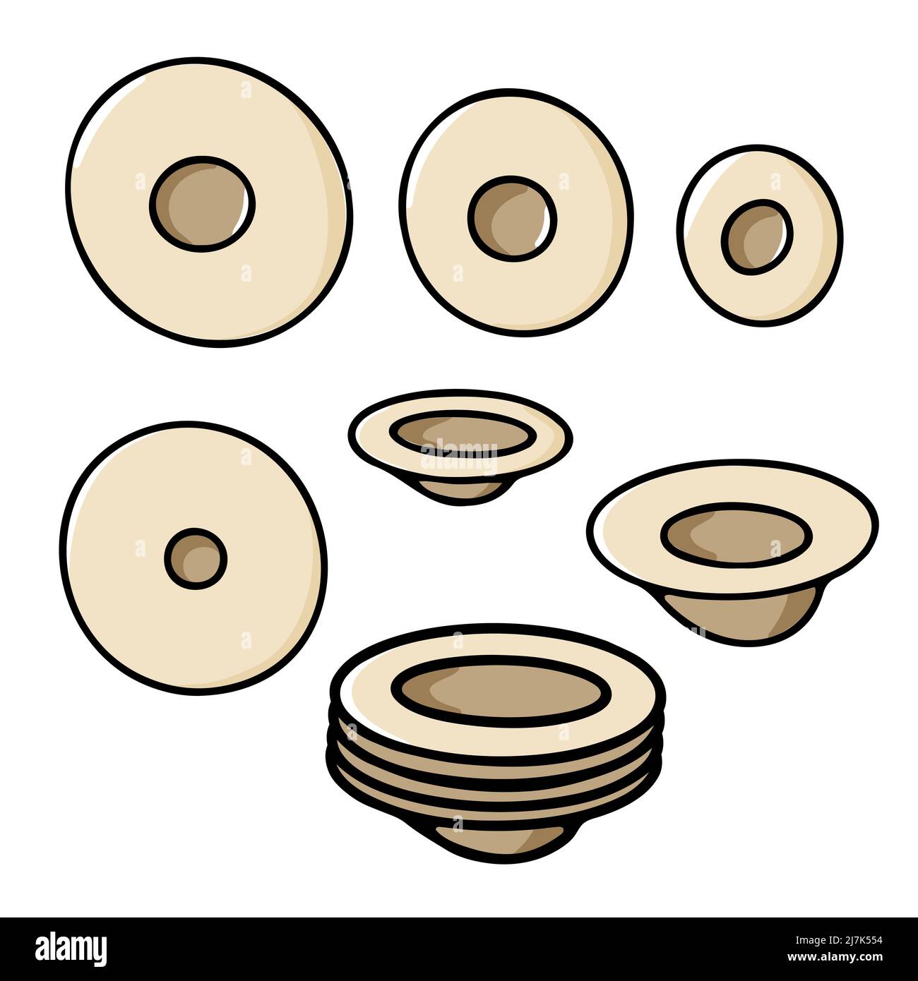 Doodle handdrawn plates set. Beige stack of plates isolated on white