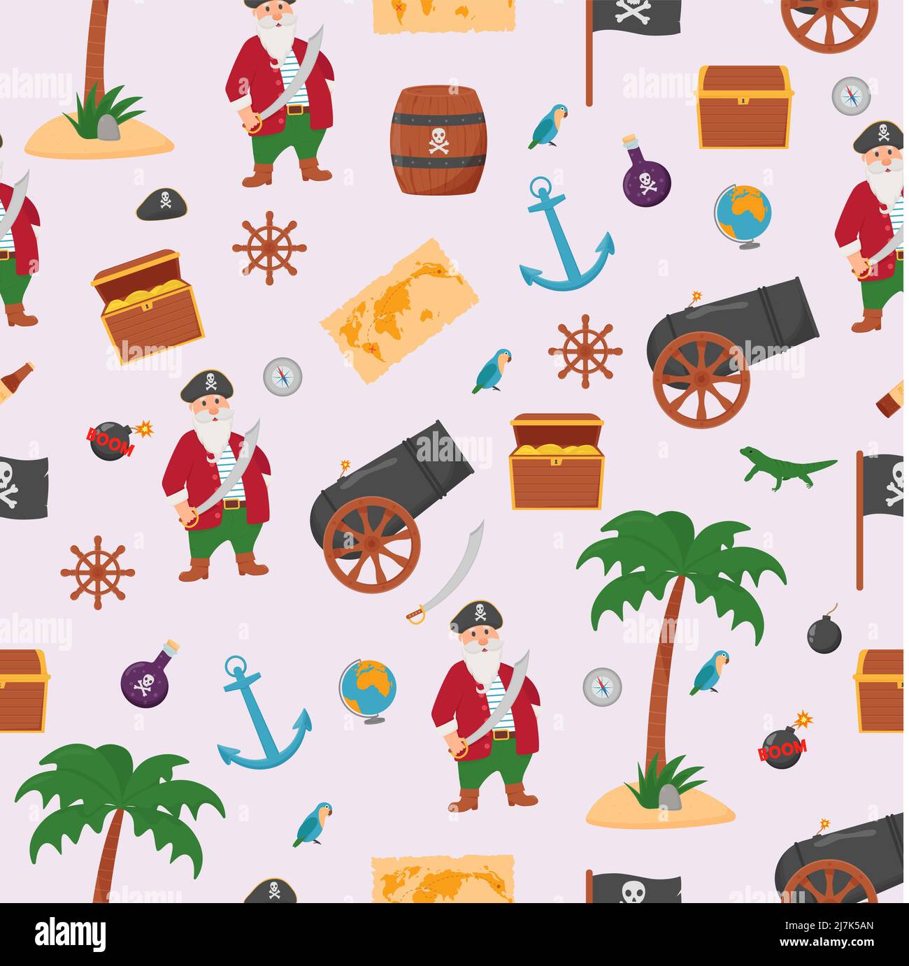 Bundle pirate seamless pattern. Bundle pirate, treasure map, rum, ship wheel, anchor barrel bomb Stock Vector