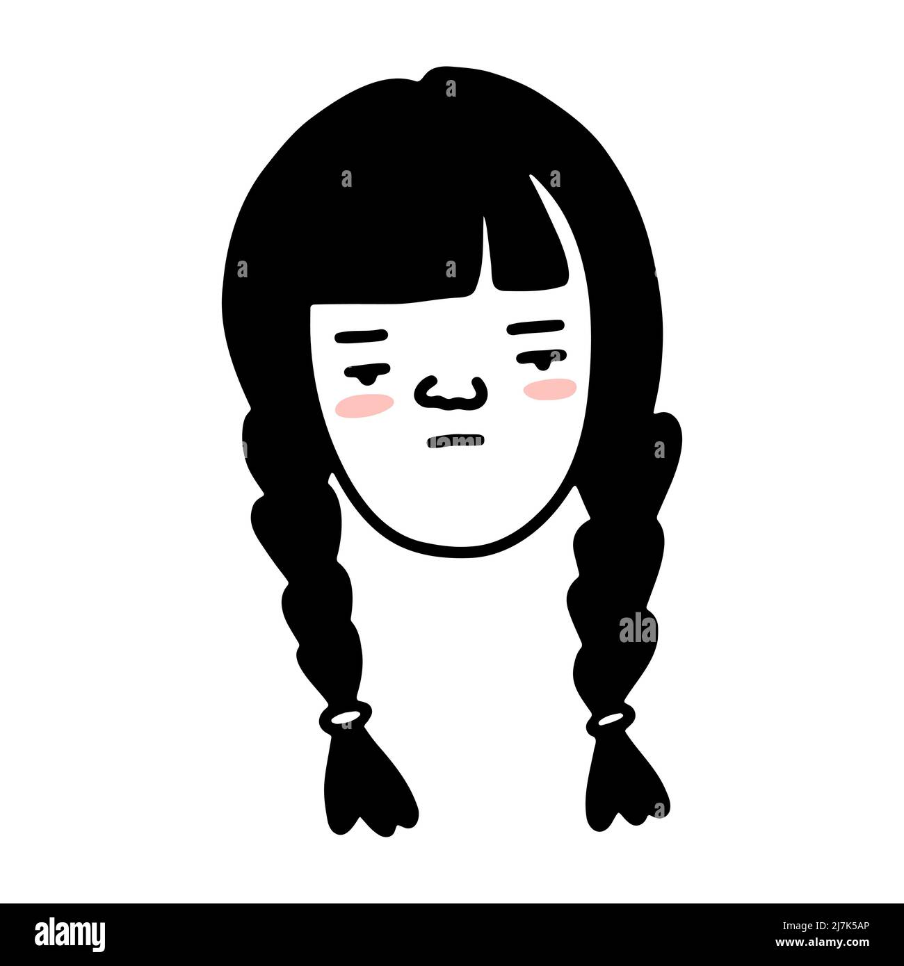 Doodle frowning girl with pigtails, rosy cheeks. Hand-drawn kid face isolated on white background. Human cute Avatar. Cartoon person. Gloomy teenager Stock Vector