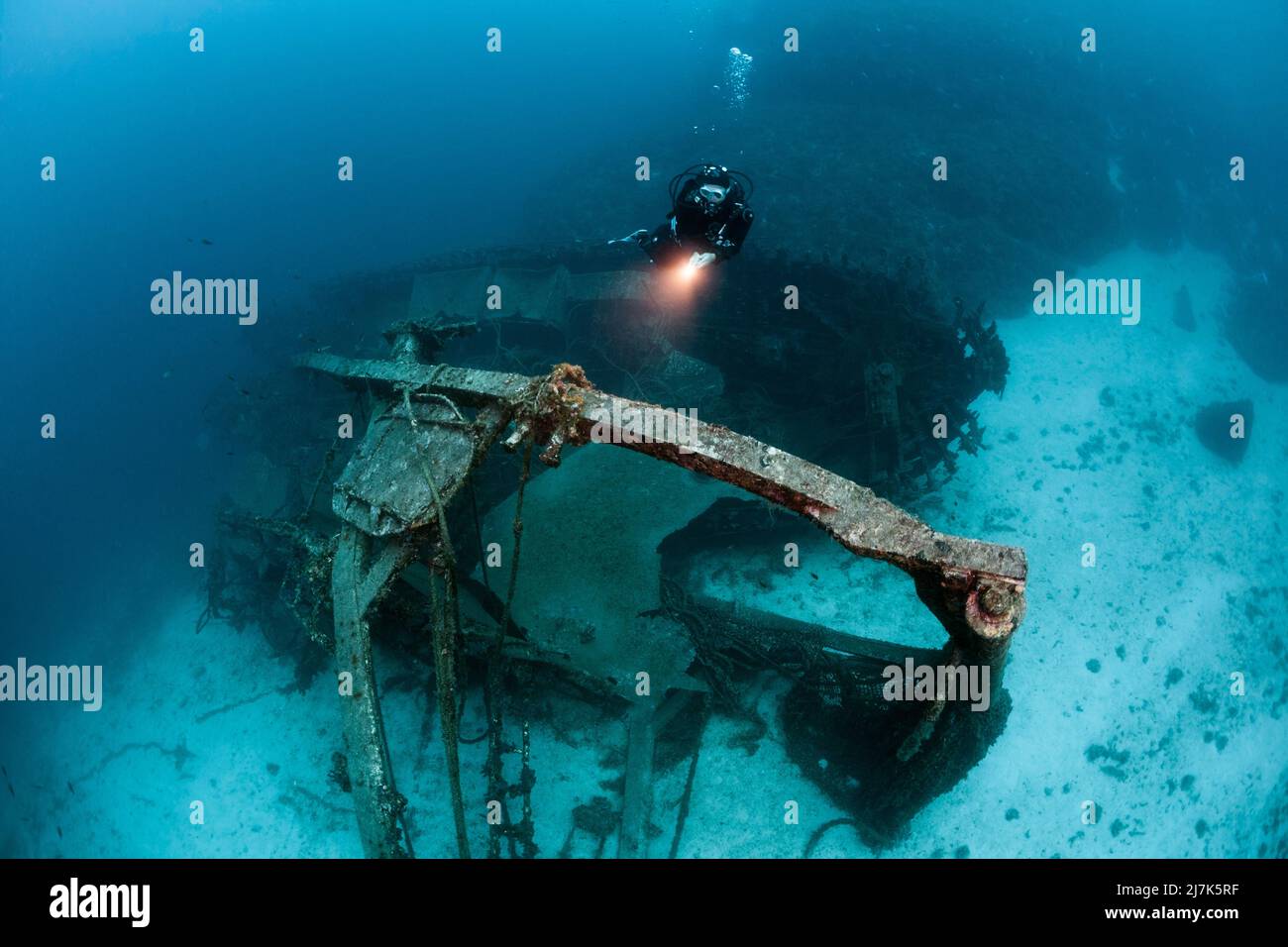 Scuba Diver at Fortunal Wreck, Vis Island, Mediterranean Sea, Croatia Stock Photo