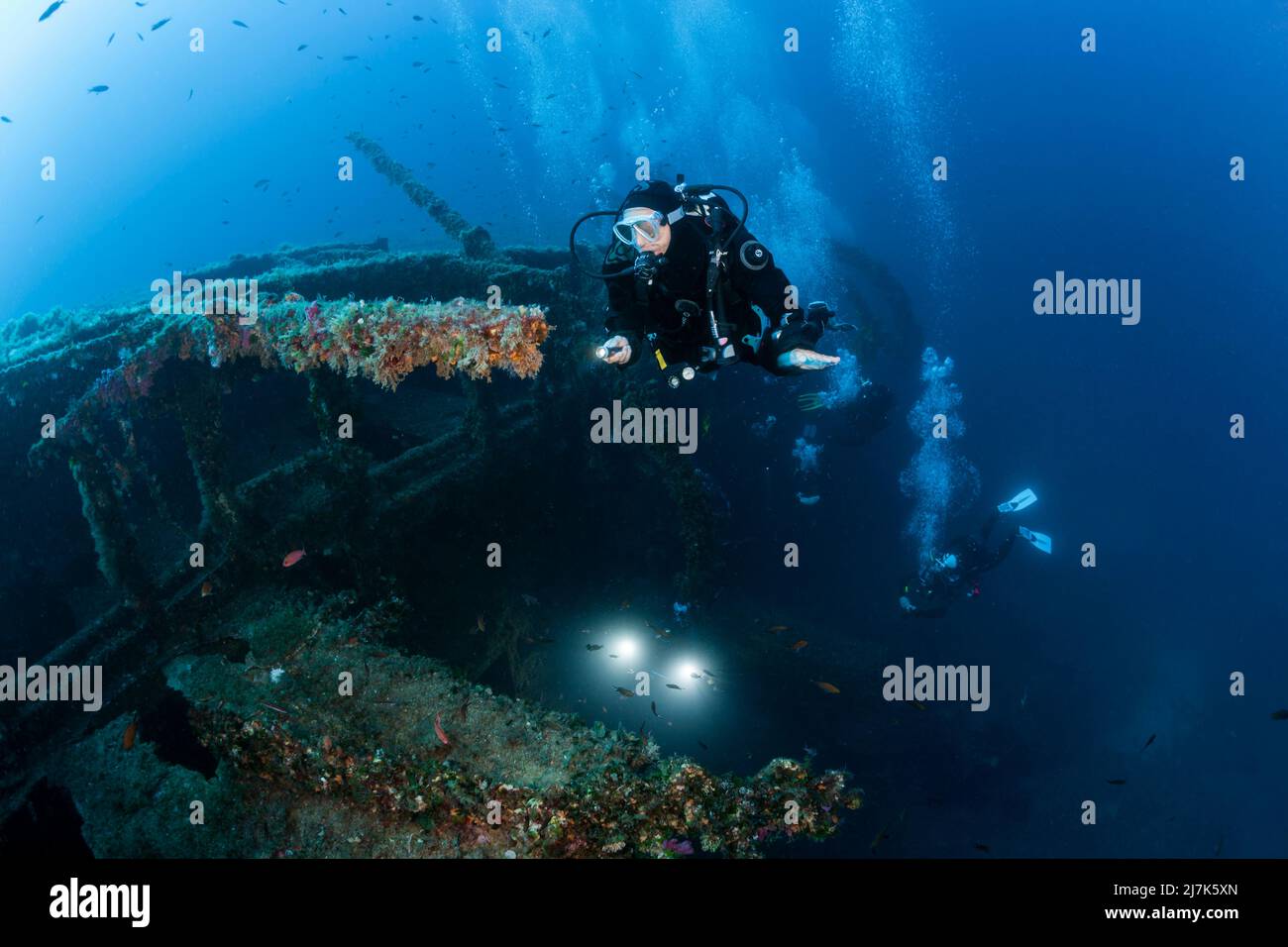 Scuba Diver at Vassilios Wreck, Vis Island, Mediterranean Sea, Croatia Stock Photo