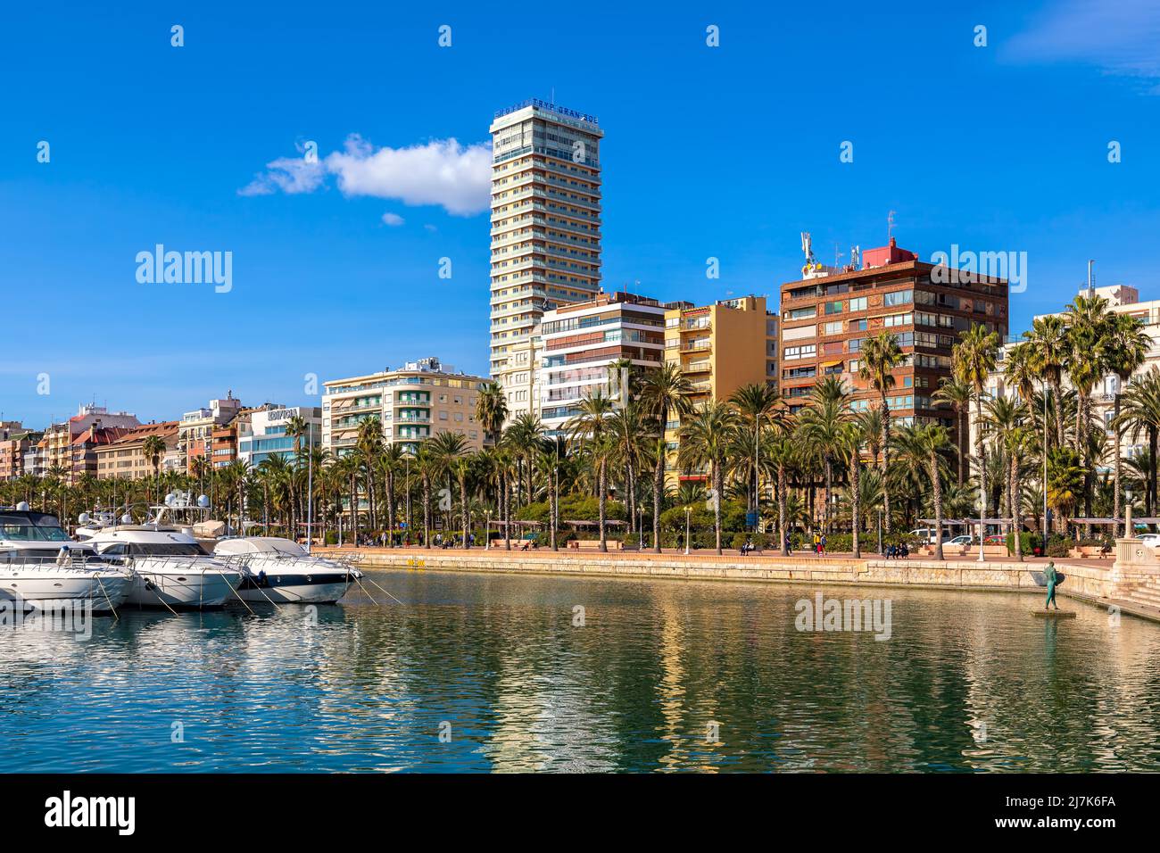 Promenade with palms and buildings on background as seen from marina in Alicante, Spain. Stock Photo