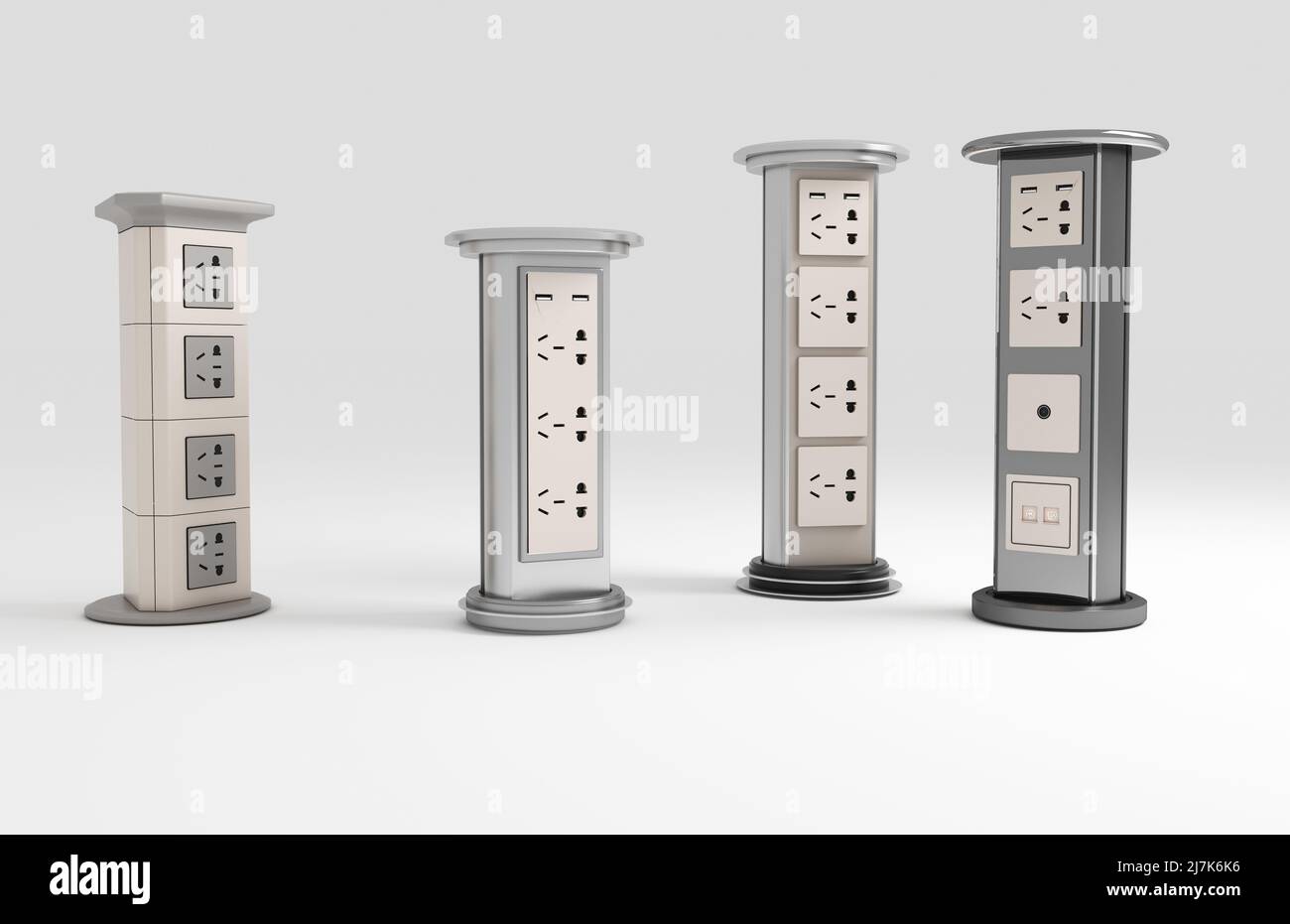 Various sockets are arranged on a light background, 3D rendering Stock ... image.