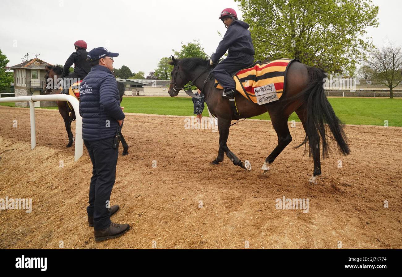 Aidan O'Brien watches as New York City is exercised at Ballydoyle racehorse training facility in County Tipperary, Ireland. Picture date: Monday May 9, 2022. Stock Photo