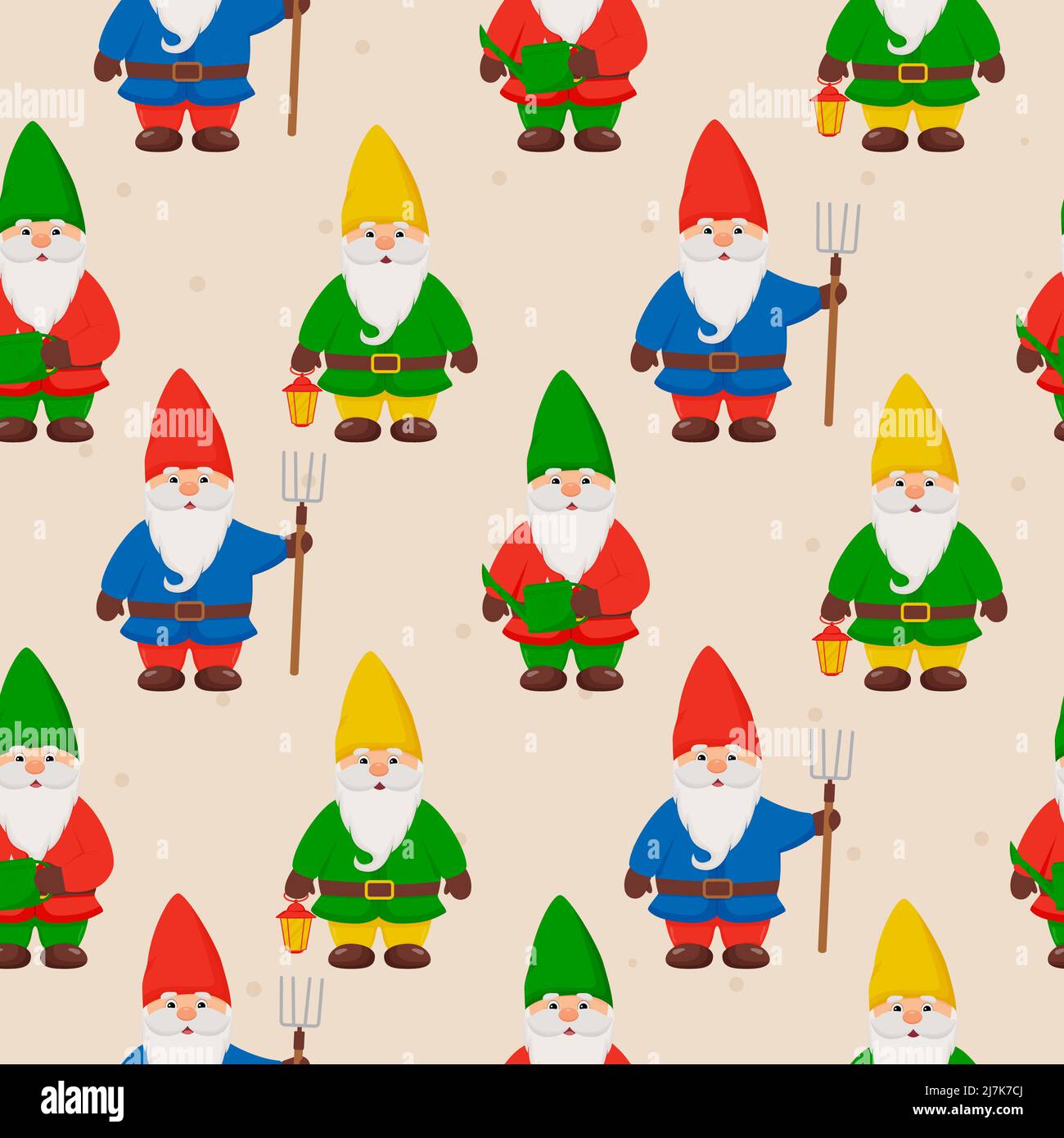 Cute little gnomes seamless pattern. Garden gnomes. Stock Vector