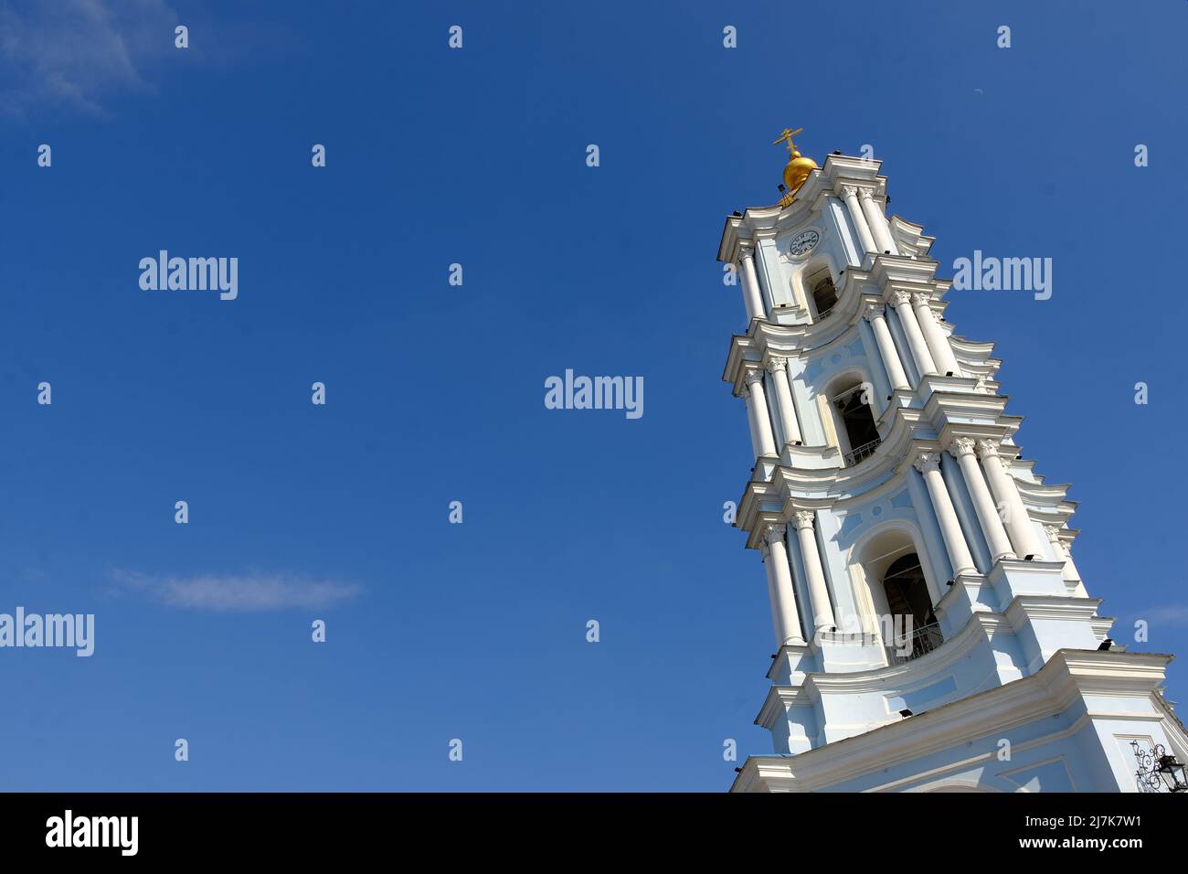 Sumy, Ukraine. - April. 05 2022: The bell tower of the Transfiguration Cathedral Stock Photo