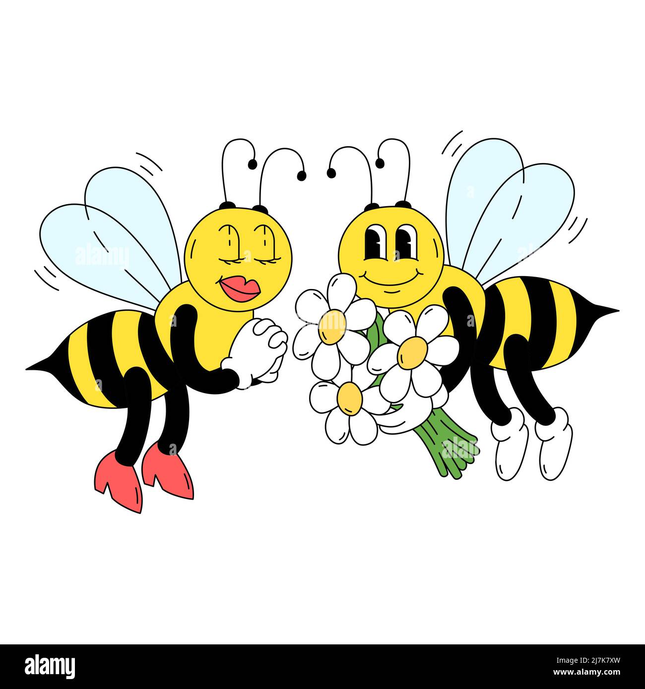 Vector illustration of bees in traditional cartoon style. Bugs on a romantic date. Childish drawing for print, poster, sticker, greeting card Stock Vector