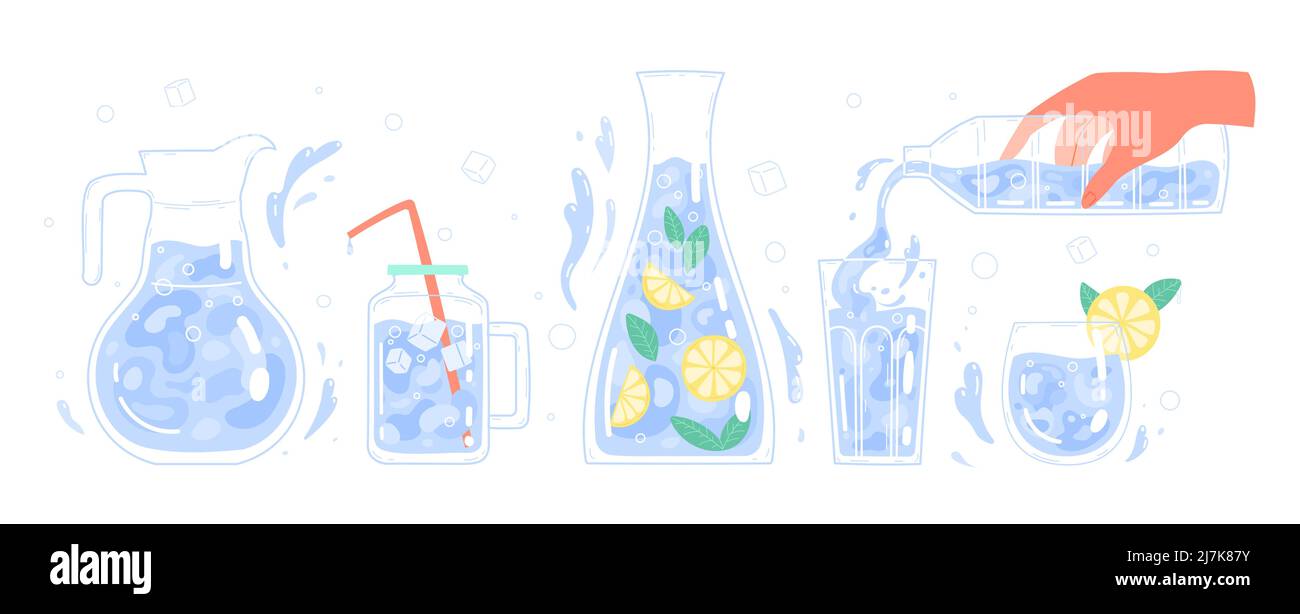 Clean drinking water in different glass containers Stock Vector