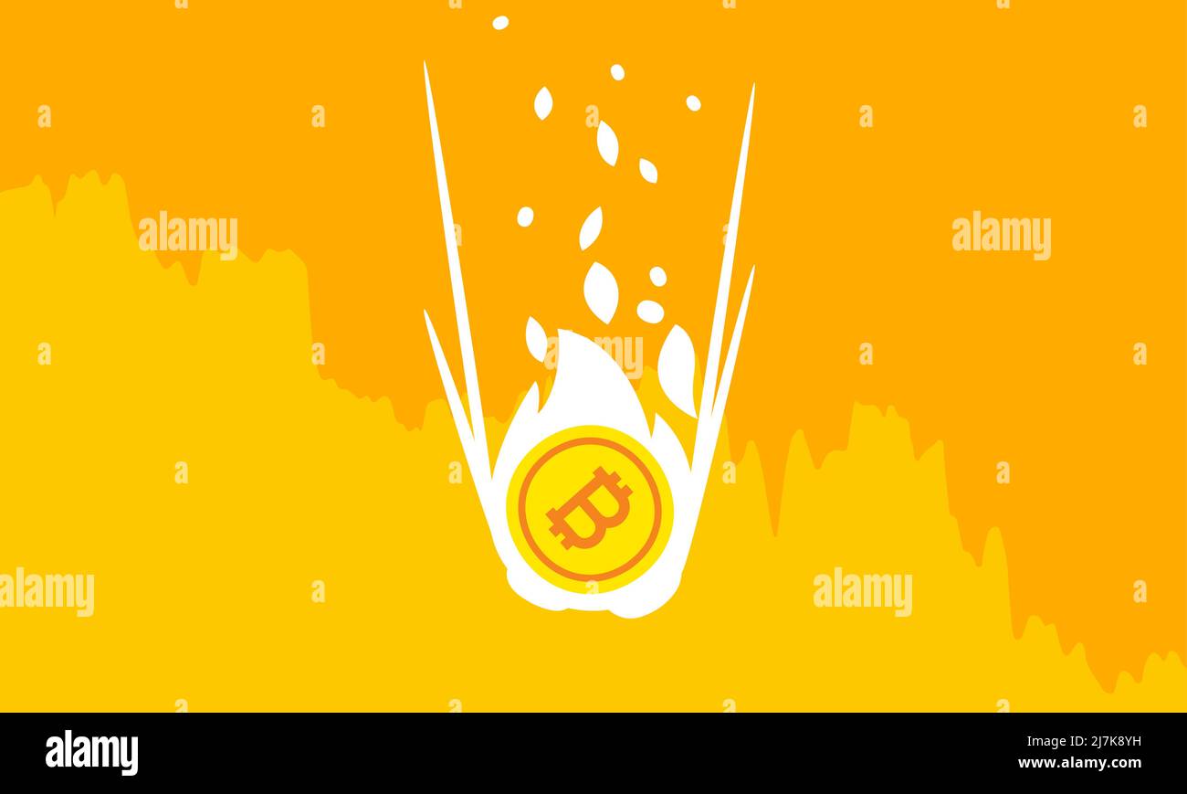 Vector, Bitcoin price fall down, huge damage and loss. BTC price collapse, crypto bubble crash, cryptocurrency falling down Stock Vector
