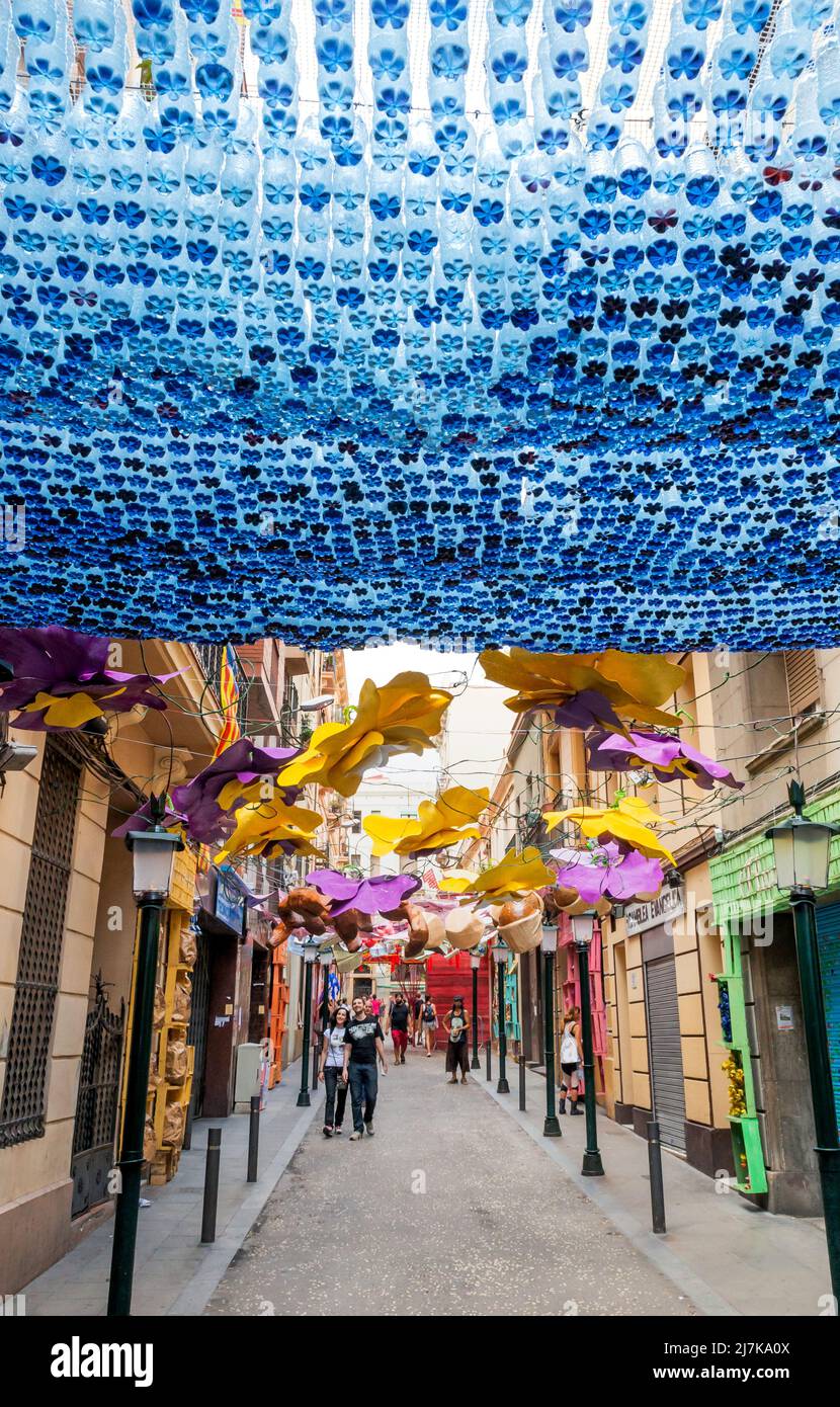 8-21-2015 Barcelona Spain:Street decorated with the work of the neighbors with recycled materials for the summer festivals of the Gracia neighborhood Stock Photo