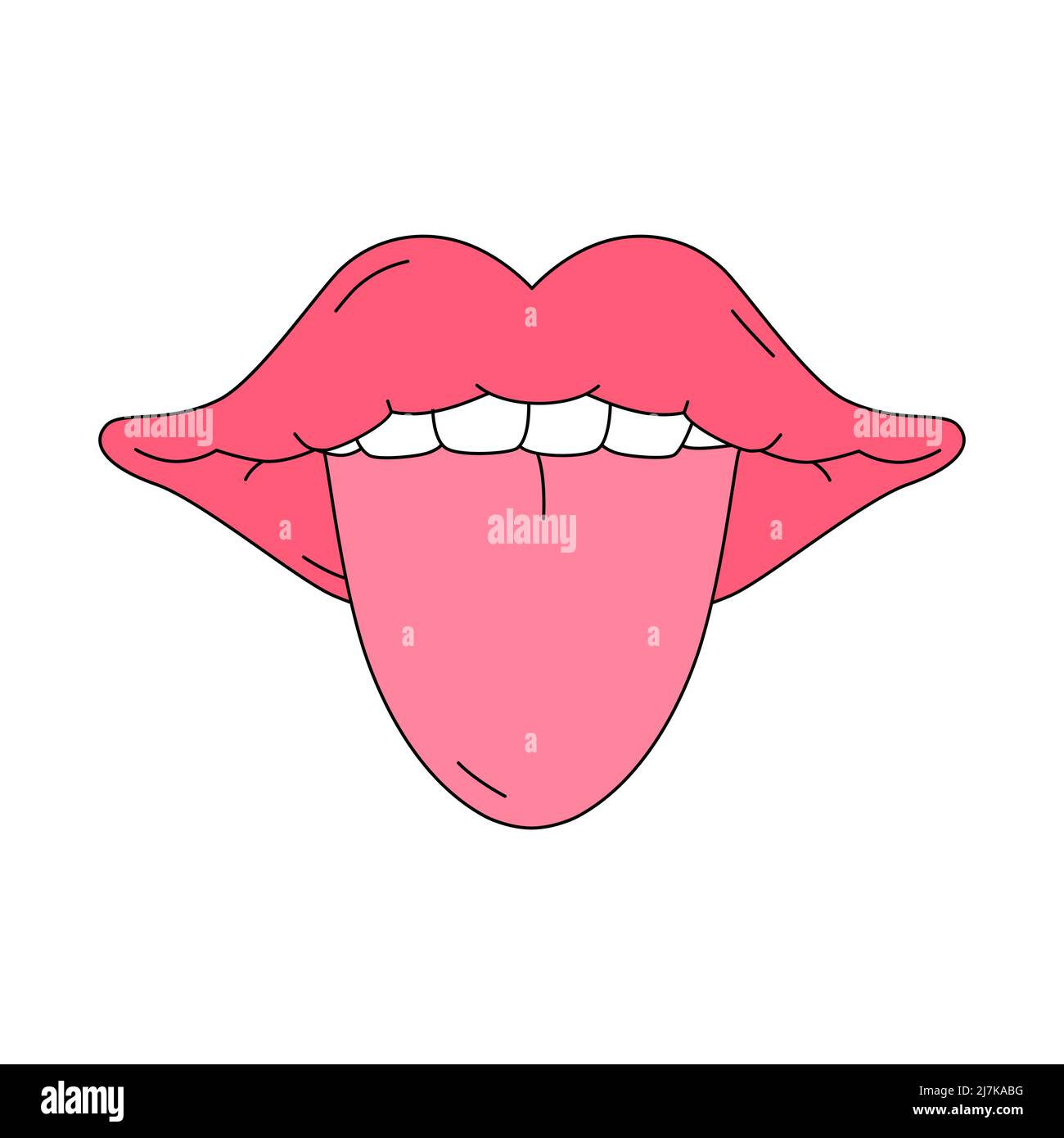 Open mouth with tongue sticking out in traditional cartoon style. Vector illustration isolated on white background. Symbol of passion and sexuality fo Stock Vector