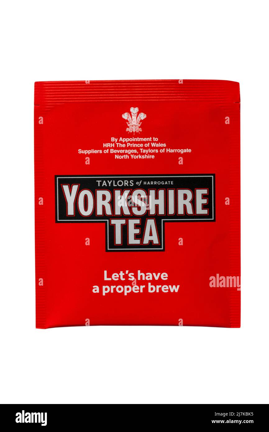 Sachet of Taylors of Harrogate Yorkshire Tea teabag tea bag isolated on white background - let's have a proper brew - Royal Warrant Stock Photo