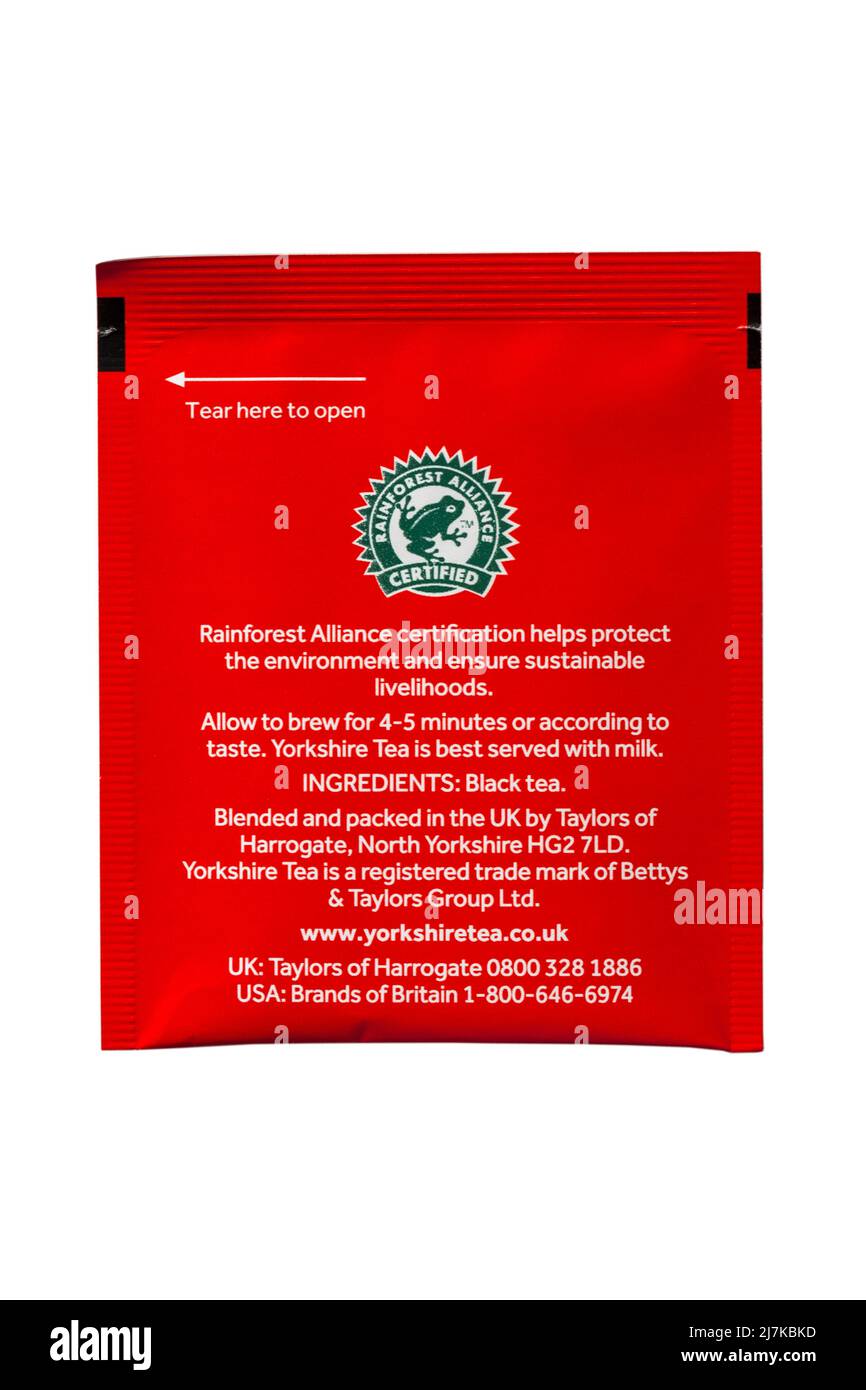 Sachet of Taylors of Harrogate Yorkshire Tea teabag tea bag isolated on white background - rear view information with Rainforest Alliance Certified Stock Photo