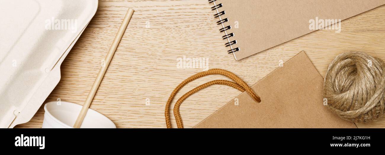 Eco friendly concept, Food box paper cup paper bag notebook and jute ...