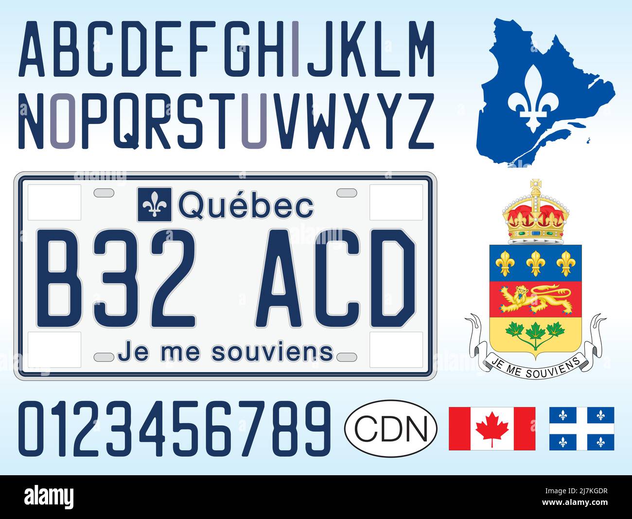 Quebec car license plate, Canada, letters, numbers and symbols, vector