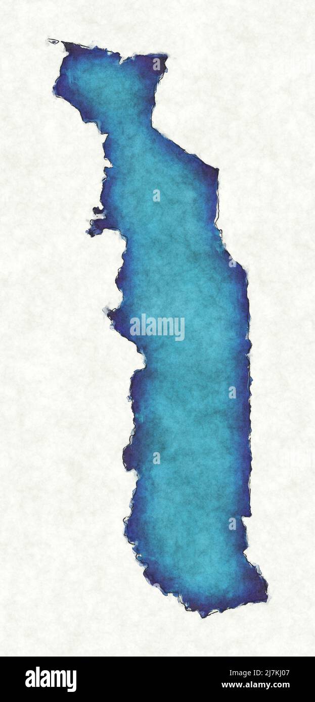 Togo map with drawn lines and blue watercolor illustration Stock Photo