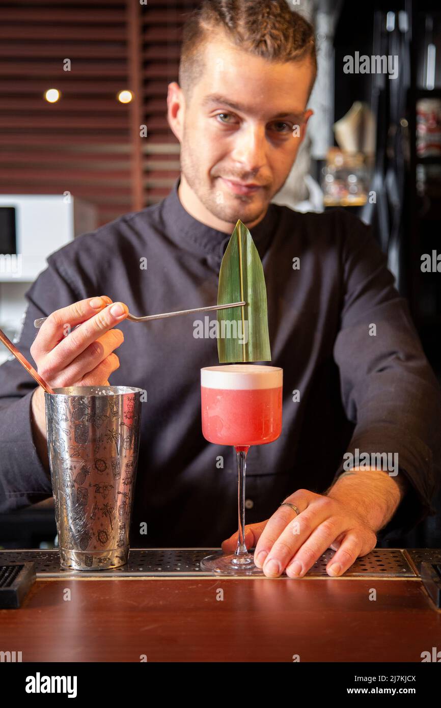 Stylish young male barkeeper with braided hair in black uniform looking at camera while decorating delicious pink cocktail with fresh leaf during work Stock Photo