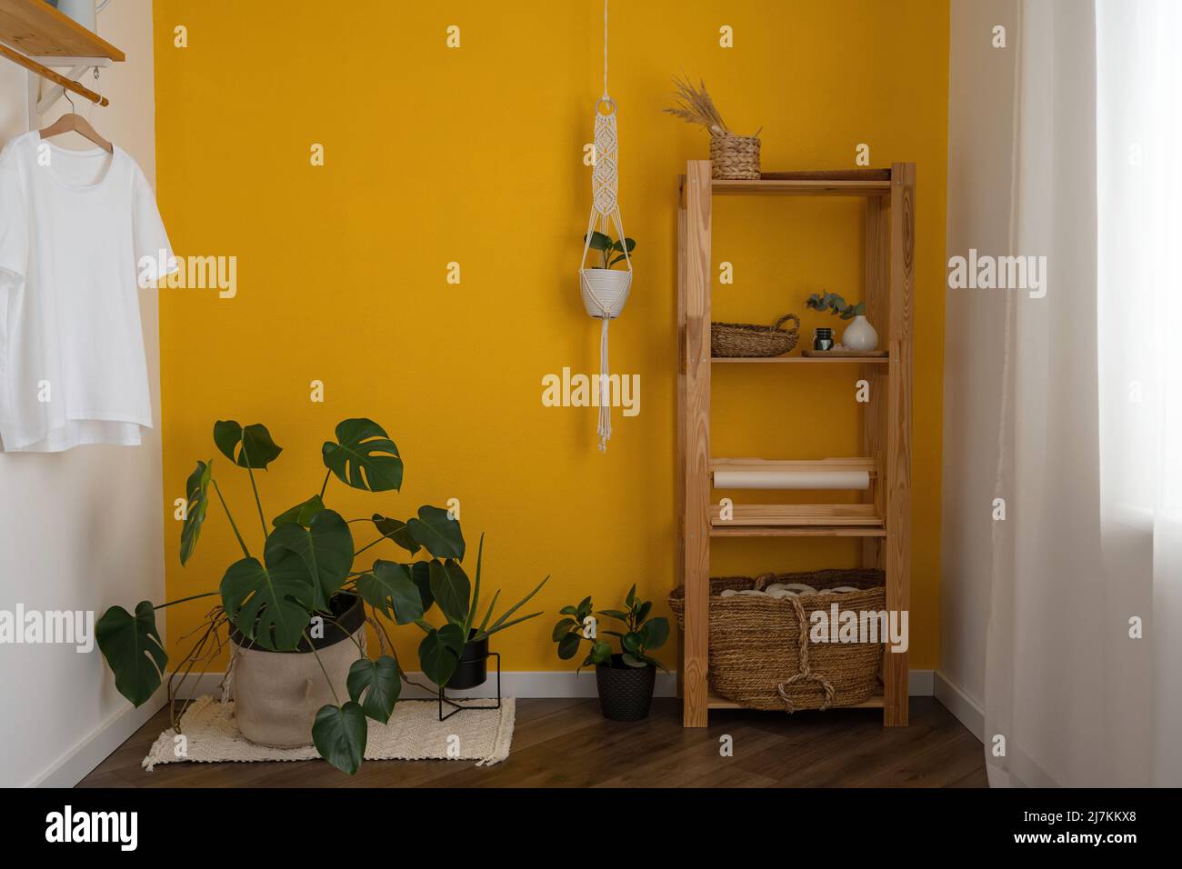 View of Wooden shelf with houseplant and baskets in composition with yellow ...