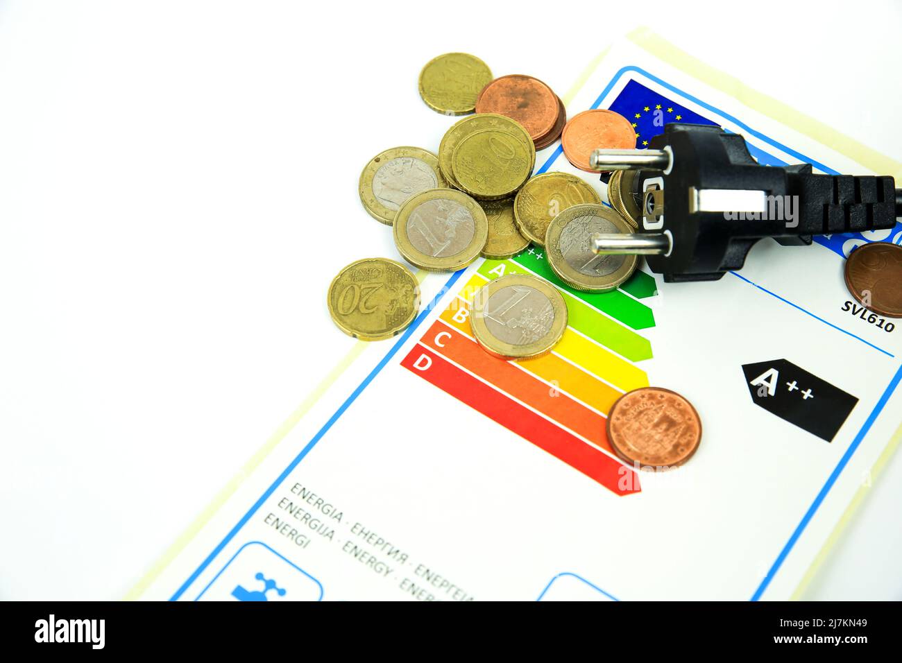 Madrid, Spain- May 9, 2022: European Union Energy Label next to black pin power plug and coins Stock Photo