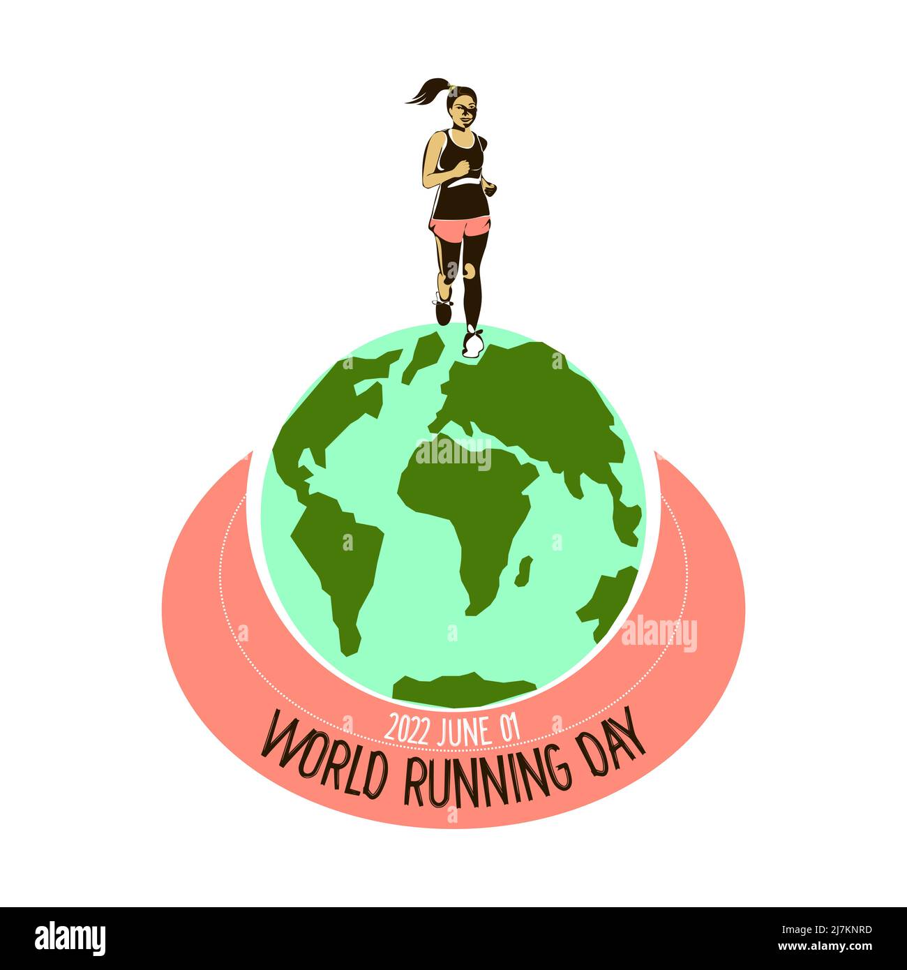 Global running Day in June, vector banner design. A young smiling happy female is runnig over the globe Earth.The concept of a healthy lifestyle and s Stock Vector