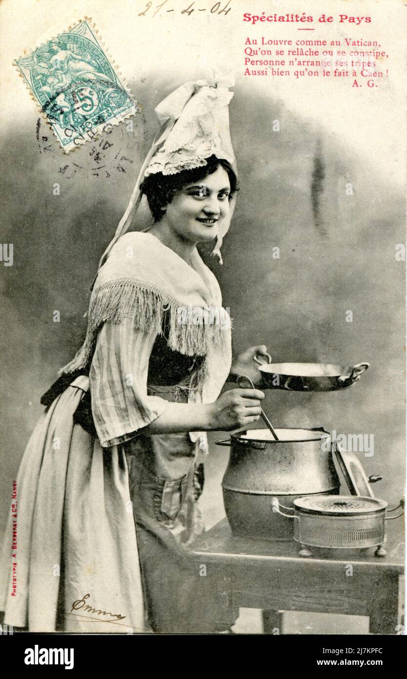 Woman serving tripe in the Caen style Department: 14 - Calvados  Region: Normandy (formerly Lower Normandy) Vintage postcard, late 19th - early 20th century Stock Photo
