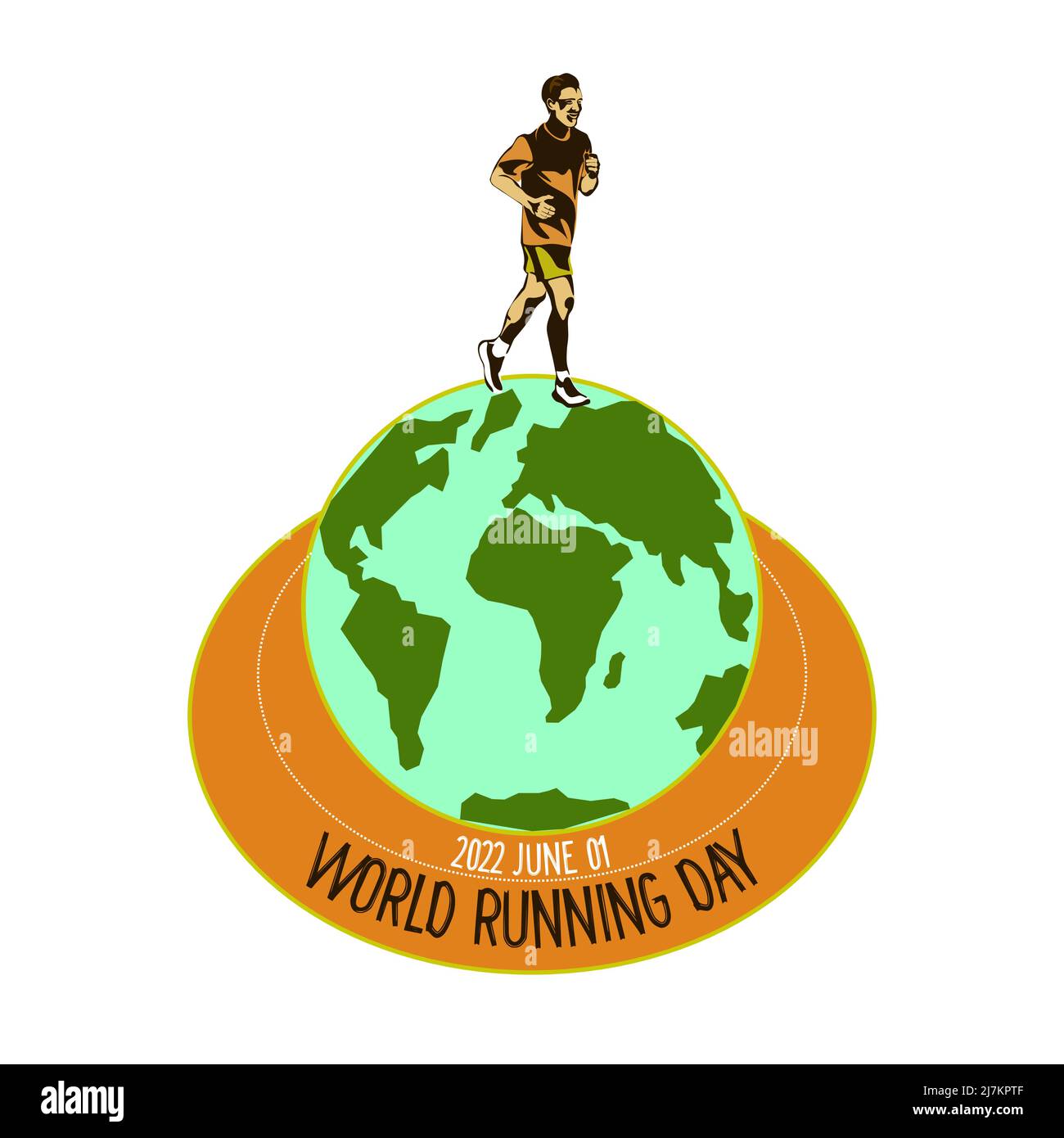 Global running Day in June, vector banner design. A young smiling happy man is runnig over the globe Earth.The concept of a healthy lifestyle and spor Stock Vector