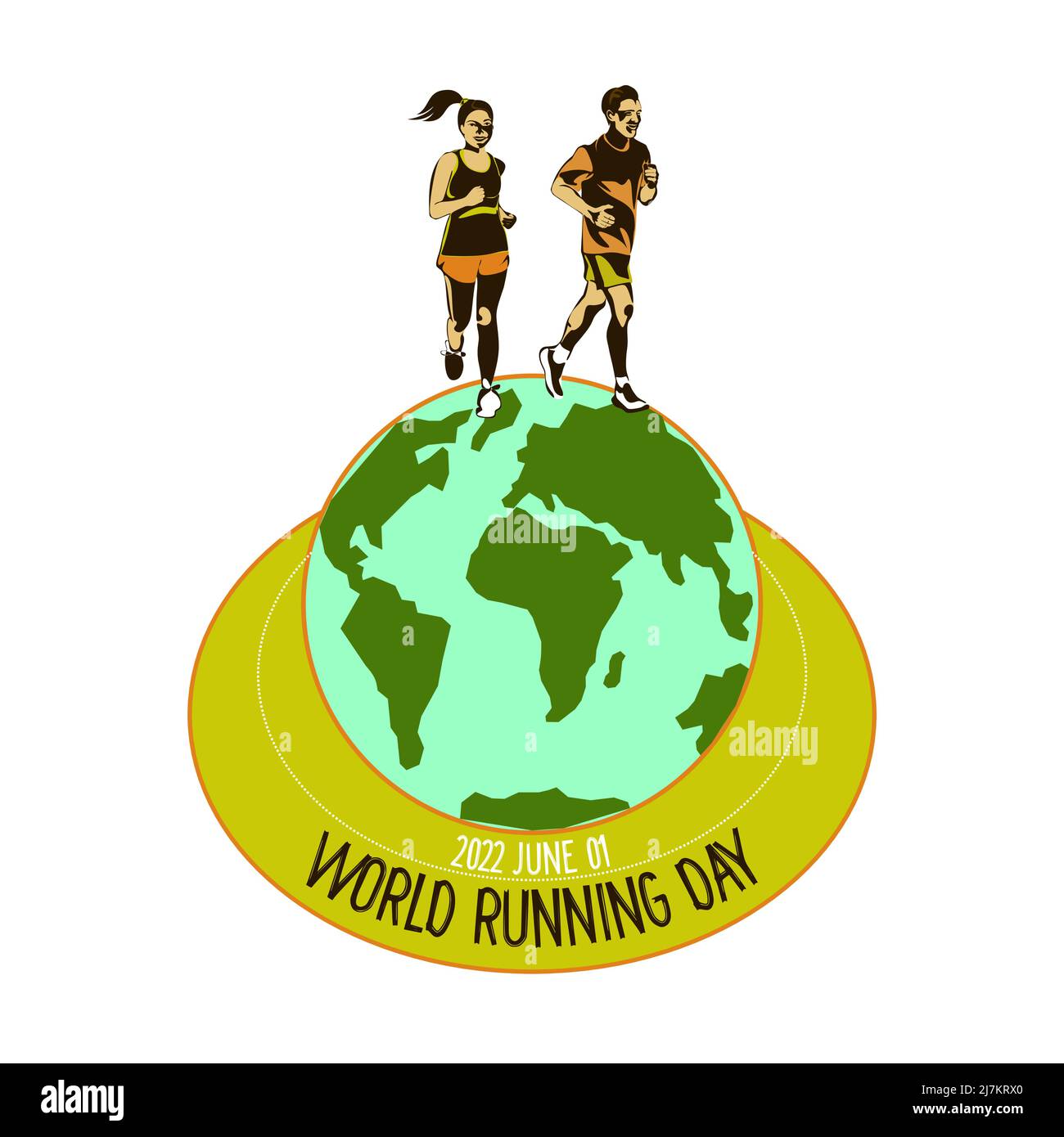 Global running Day in June, vector banner design. A young smiling happy man and female are runnig over the globe Earth.The concept of a healthy lifest Stock Vector