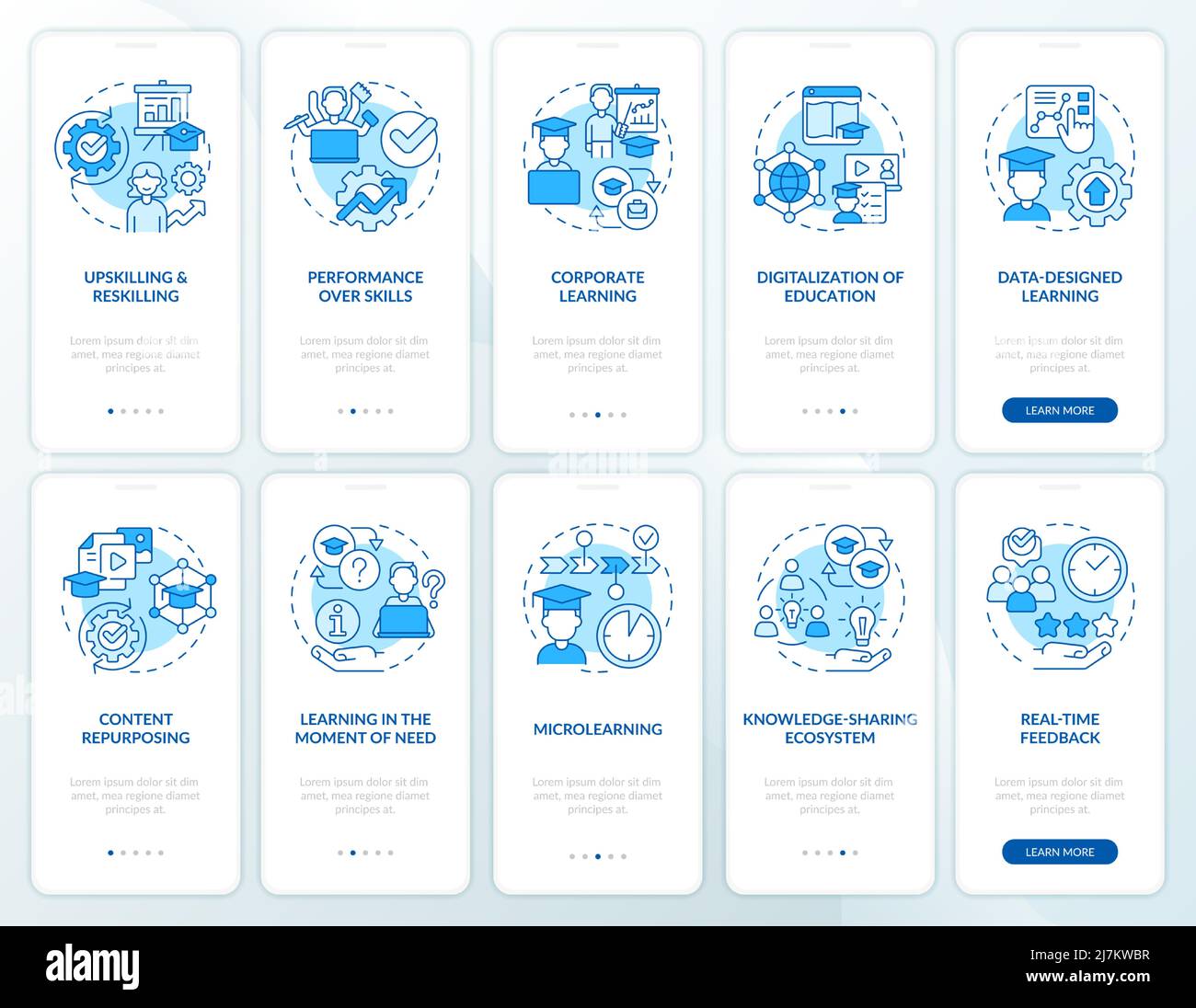 Emerging skills for professionals blue onboarding mobile app screen set ...