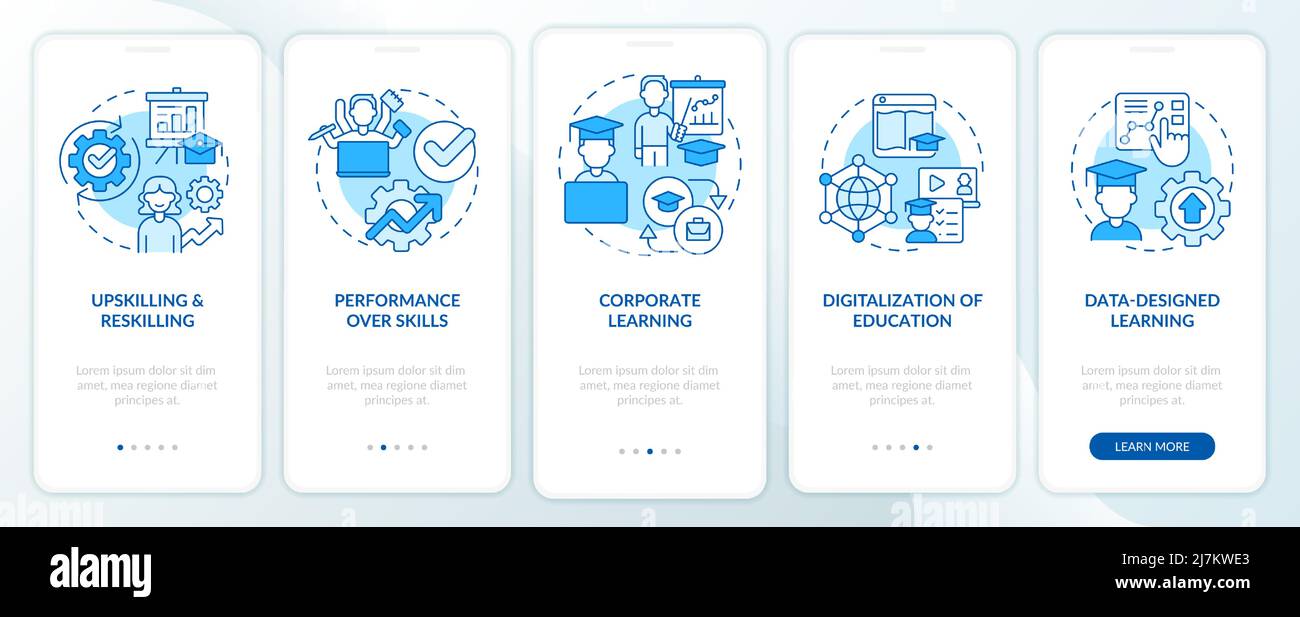 High demand skills in development blue onboarding mobile app screen Stock Vector
