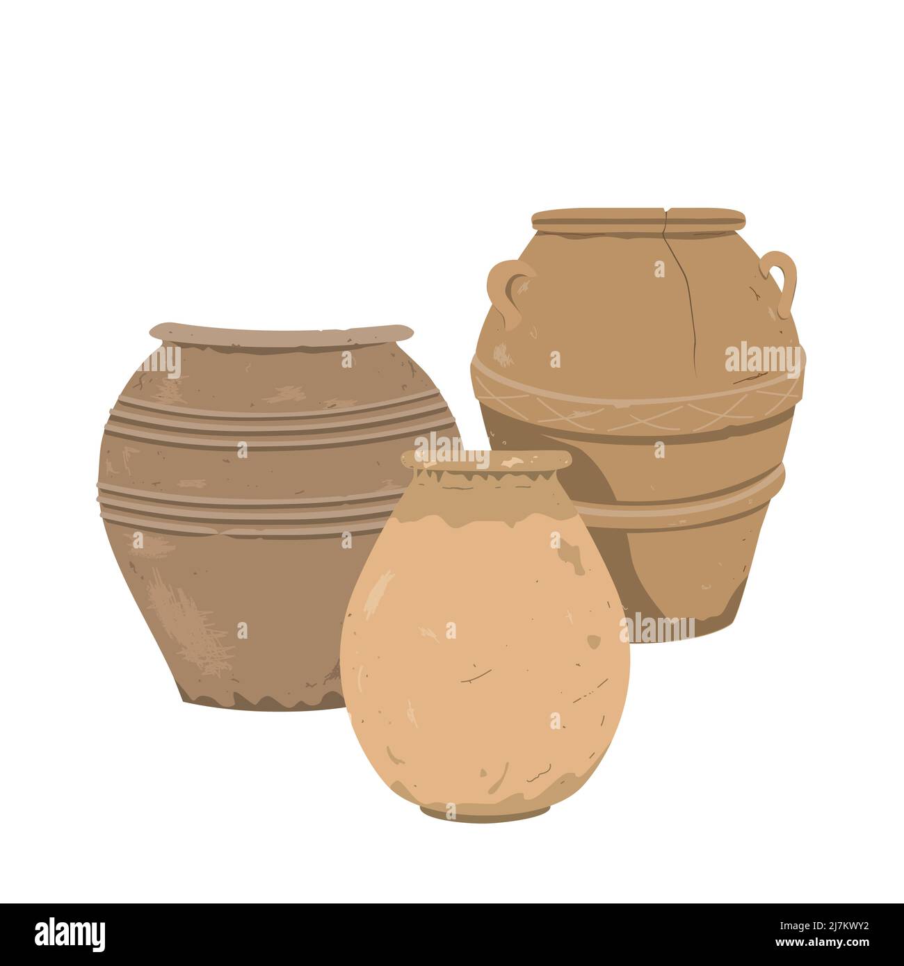 Old clay pot set composition. Antique terracotta pottery vector collection, design element for home or patio decor isolated on white. Stock Vector