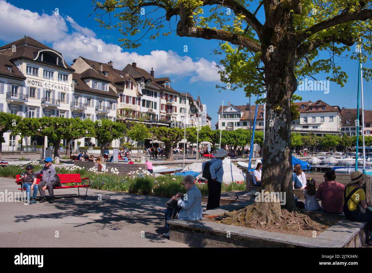 SHORELINE TO LAKE ZURICH AT RAPPERSWIL WITH SHOPS, RESTAURANTS AND DWELLINGS IN THE BACKGROUND AND THE HARBOUR WITH PROMENADE IN THE FOREGROUND Stock Photo