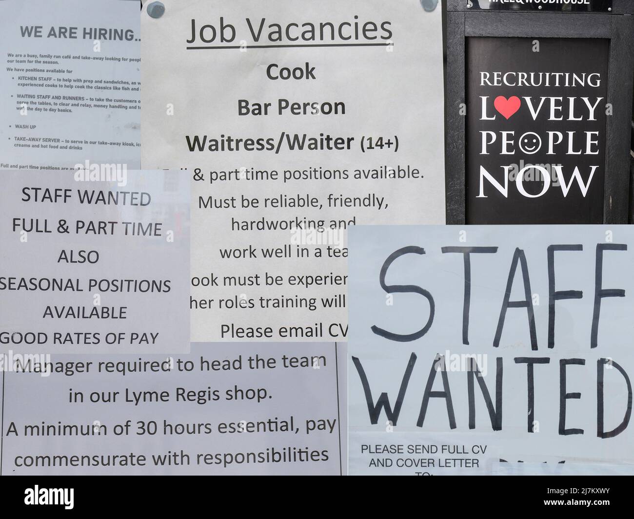 Lyme Regis, Dorset, UK. 10th May 2022. UK News; Cost of Living: Hospitality businesses and small shops in many of England's coastal resorts are struggling to recruit staff for the holiday season. Pictured is a snapshot of the many 'staff wanted' notices currently being displayed in the windows of local business in the small seaside town of Lyme Regis, Dorset. It is has been speculated locally that the high cost of housing in the town, poor public transport links, and the recent prohibitive hikes in the cost of parking may be factors contributing to the staff shortage. Credit: Celia McMahon/ Stock Photo