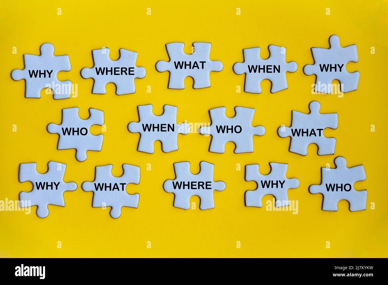 Top view of text on missing jigsaw puzzle - Why, who, what, where and ...