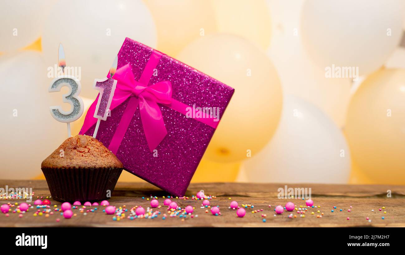 Happy birthday with pink gift box for baby girl. Beautiful birthday