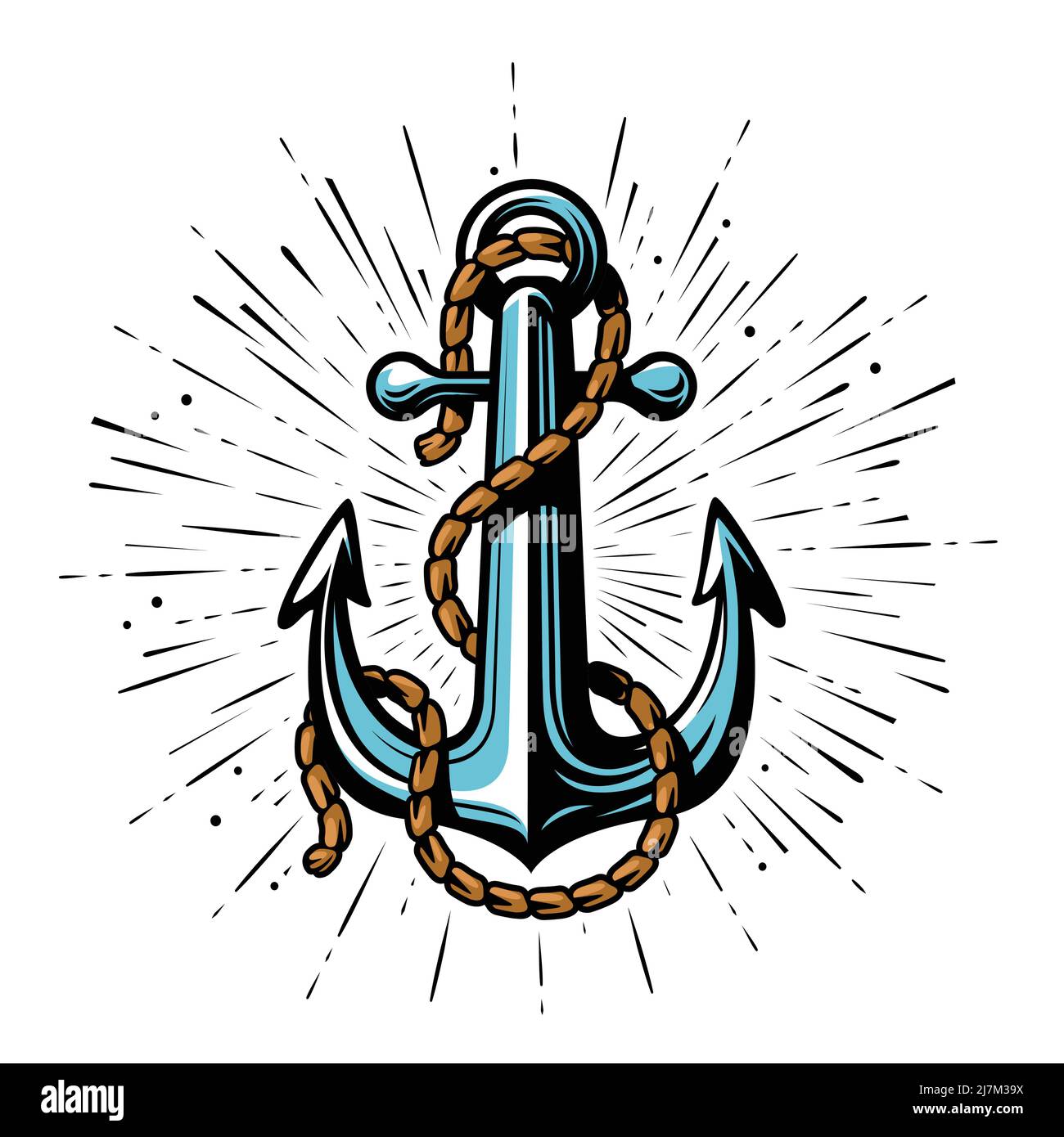 Nautical anchor with rope. Marine theme, seafaring symbol. Vector