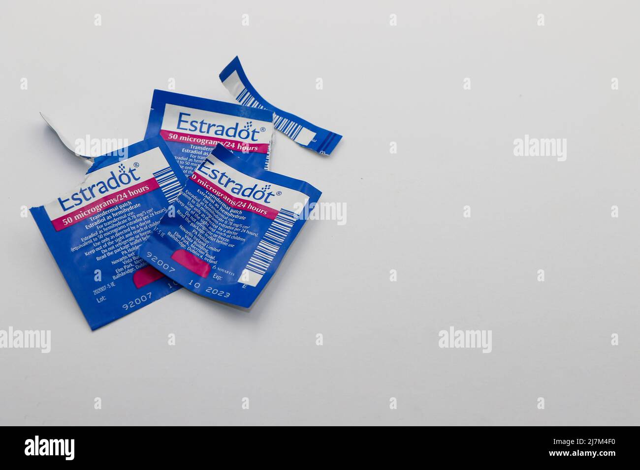 Estradot hormone replacement therapy (HRT) patches, empty used unsealed wrappers. Women in