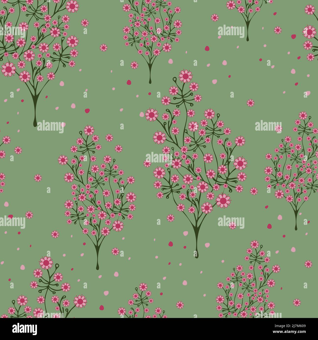 Seamless vector pattern with cherry blossom tree on green background. Beautiful flower forest wallpaper design. Stock Vector