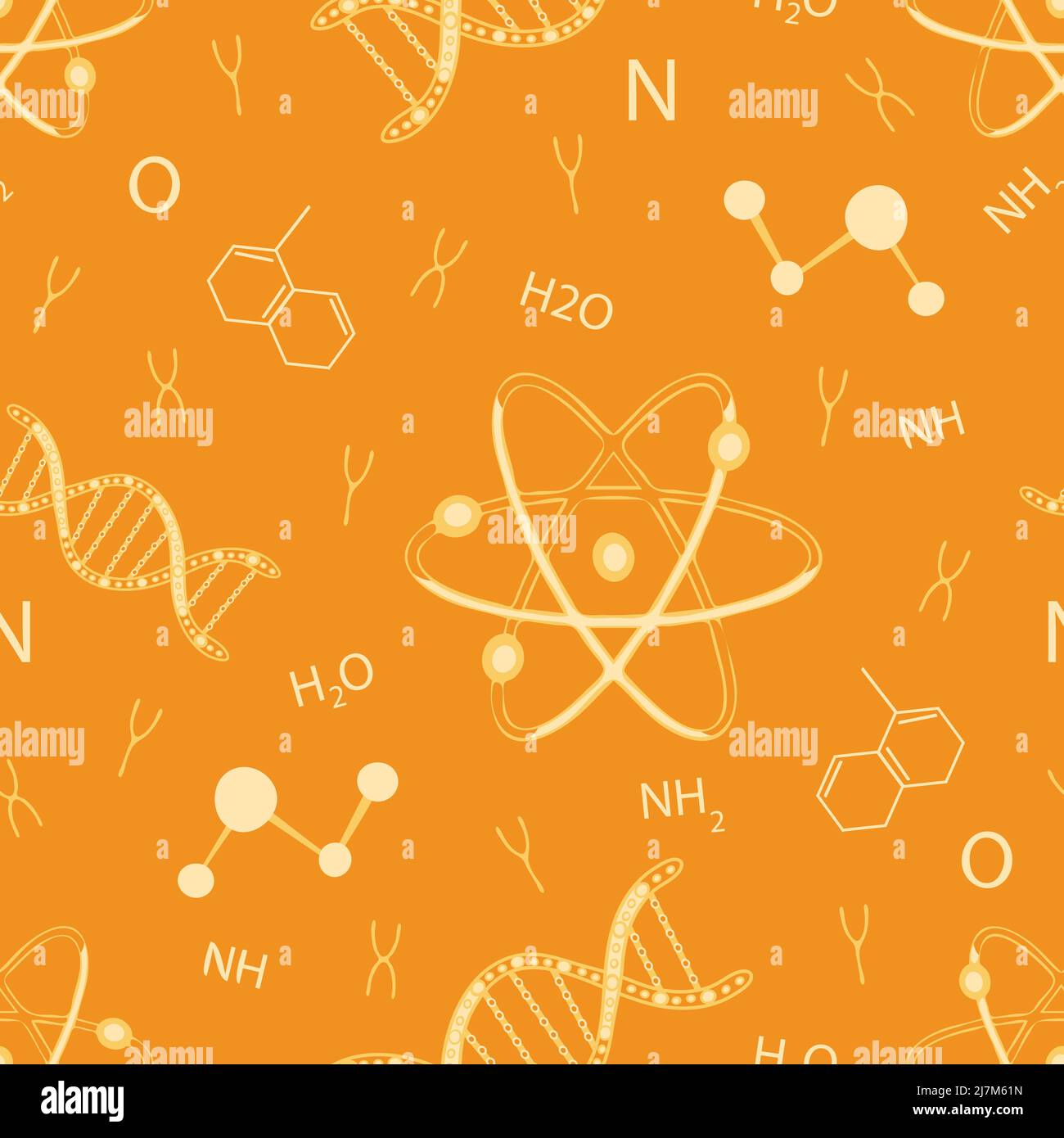 Seamless vector pattern with DNA and atom on yellow background. Chemistry student wallpaper design. Decorative science fashion textile. Stock Vector