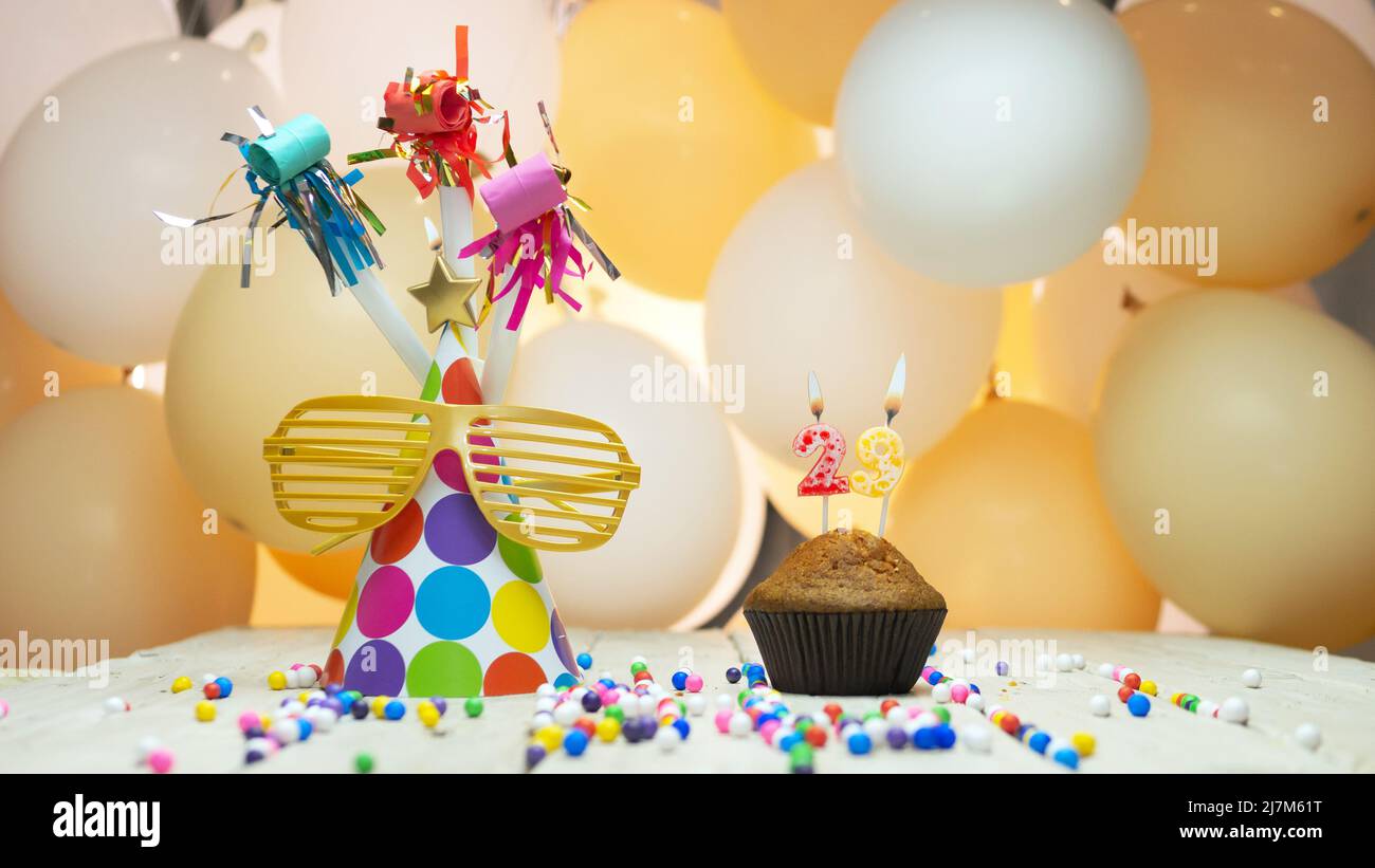 Creative happy birthday greetings with number or number, holiday background with balloons, decorations for the holiday, copy space. Stock Photo