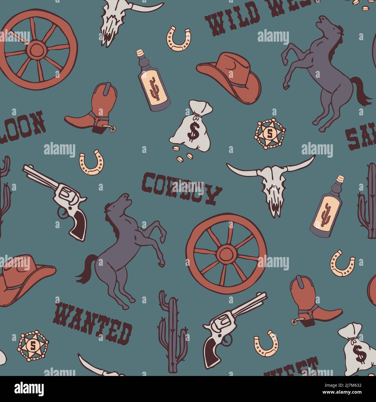 Seamless vector pattern with wild west cowboy on teal blue background. Simple hand drawn western wallpaper design. Decorative Texas fashion textile. Stock Vector