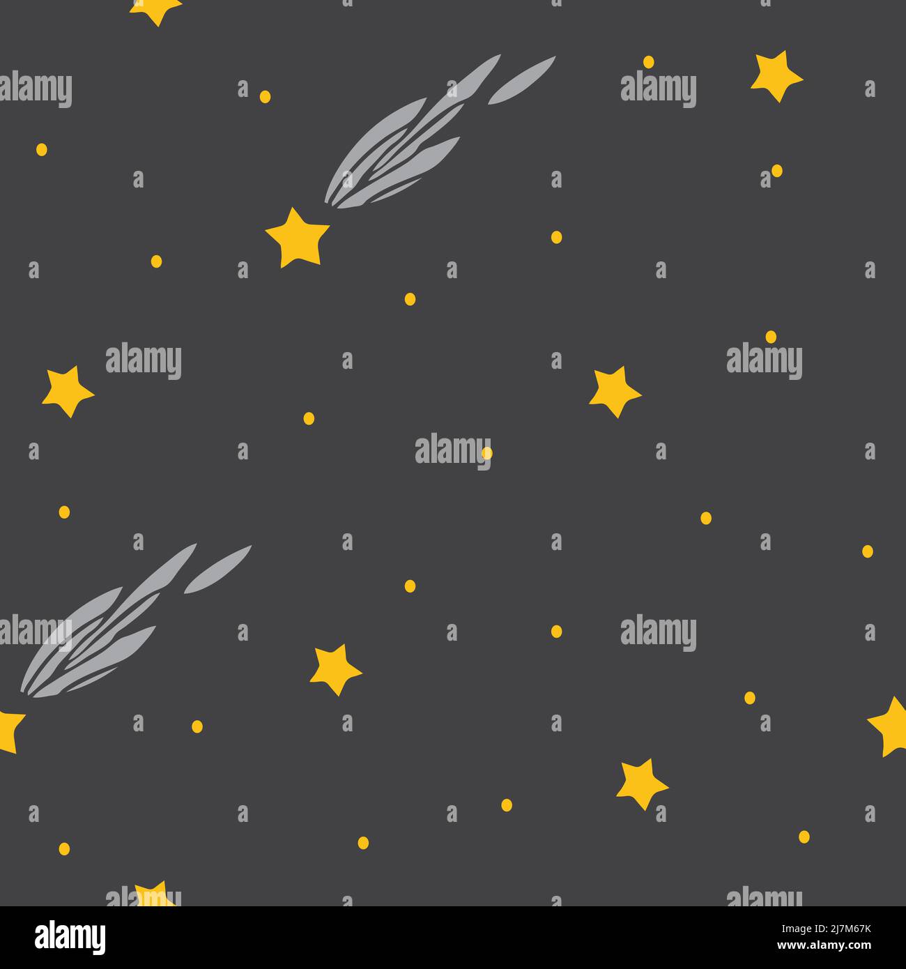 Seamless vector pattern with falling stars and dots on grey background. Simple wallpaper design for children. Stock Vector