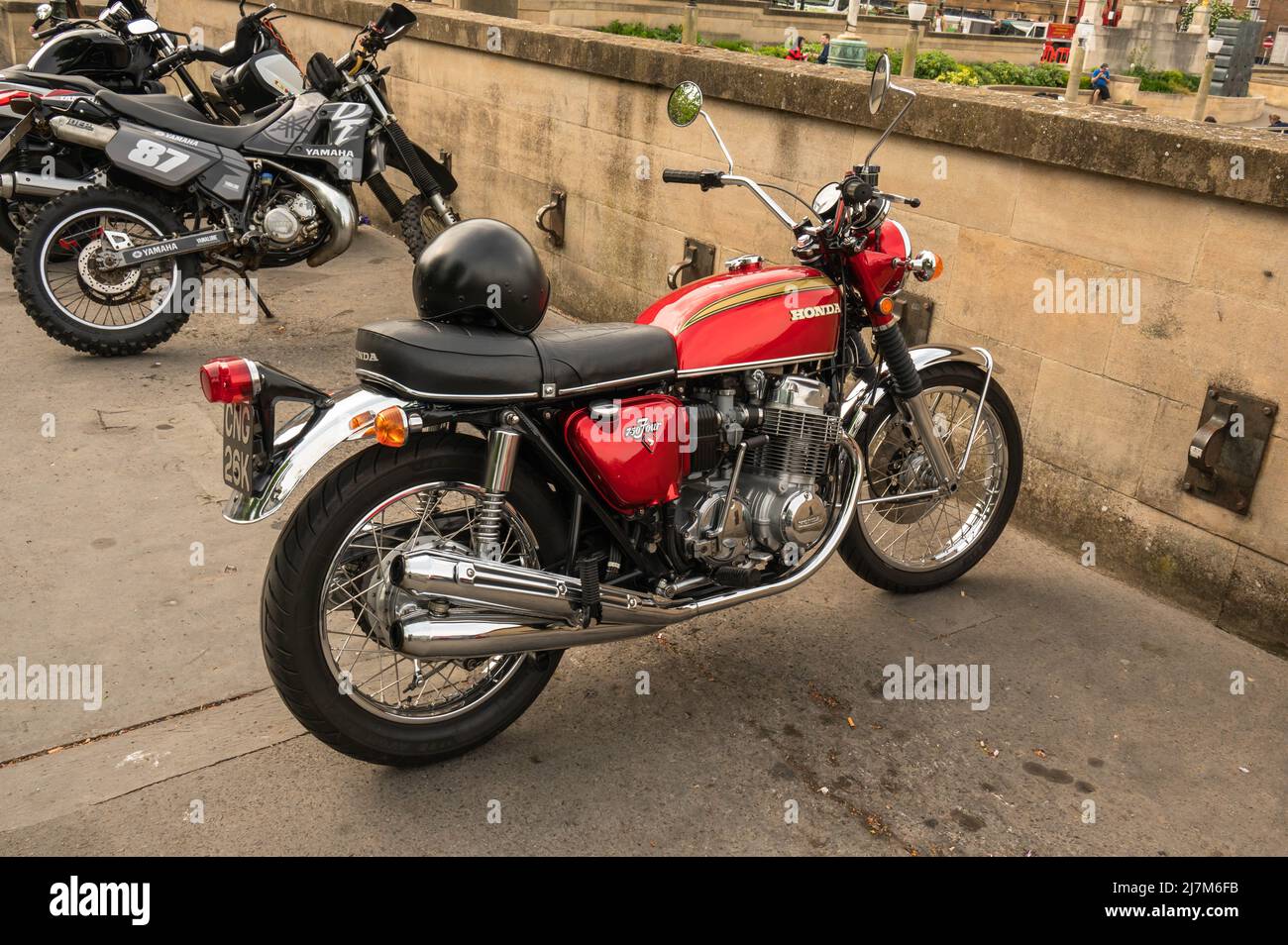 Restored Honda 750 four cylinder of the 1970s Motorbike parked at Norwich city centre Stock Photo