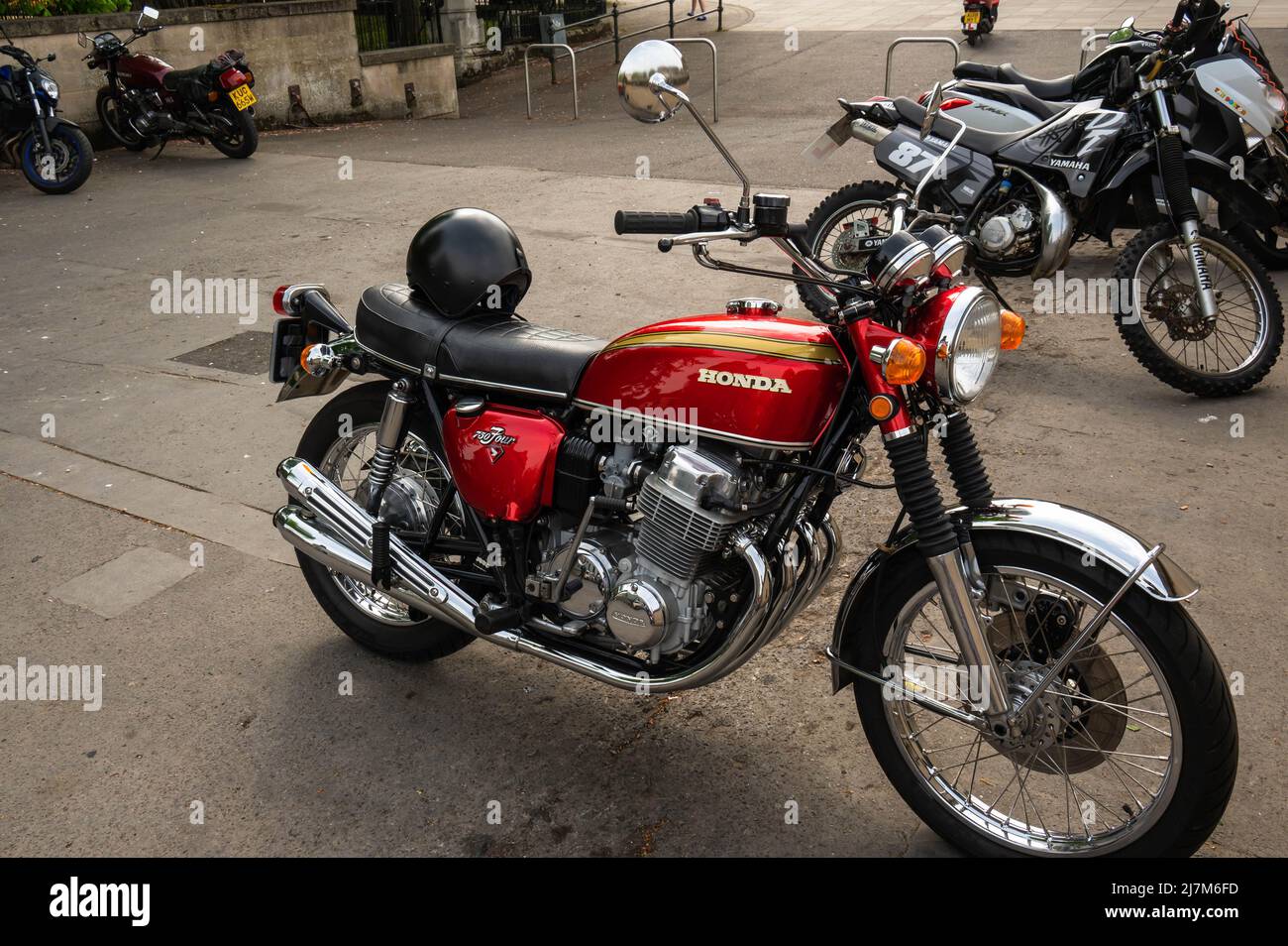 Restored Honda 750 four cylinder of the 1970s Motorbike parked at Norwich city centre Stock Photo