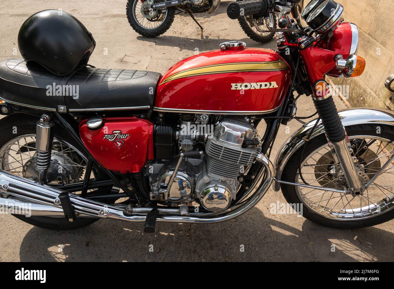 Restored Honda 750 four cylinder of the 1970s Motorbike parked at Norwich city centre Stock Photo