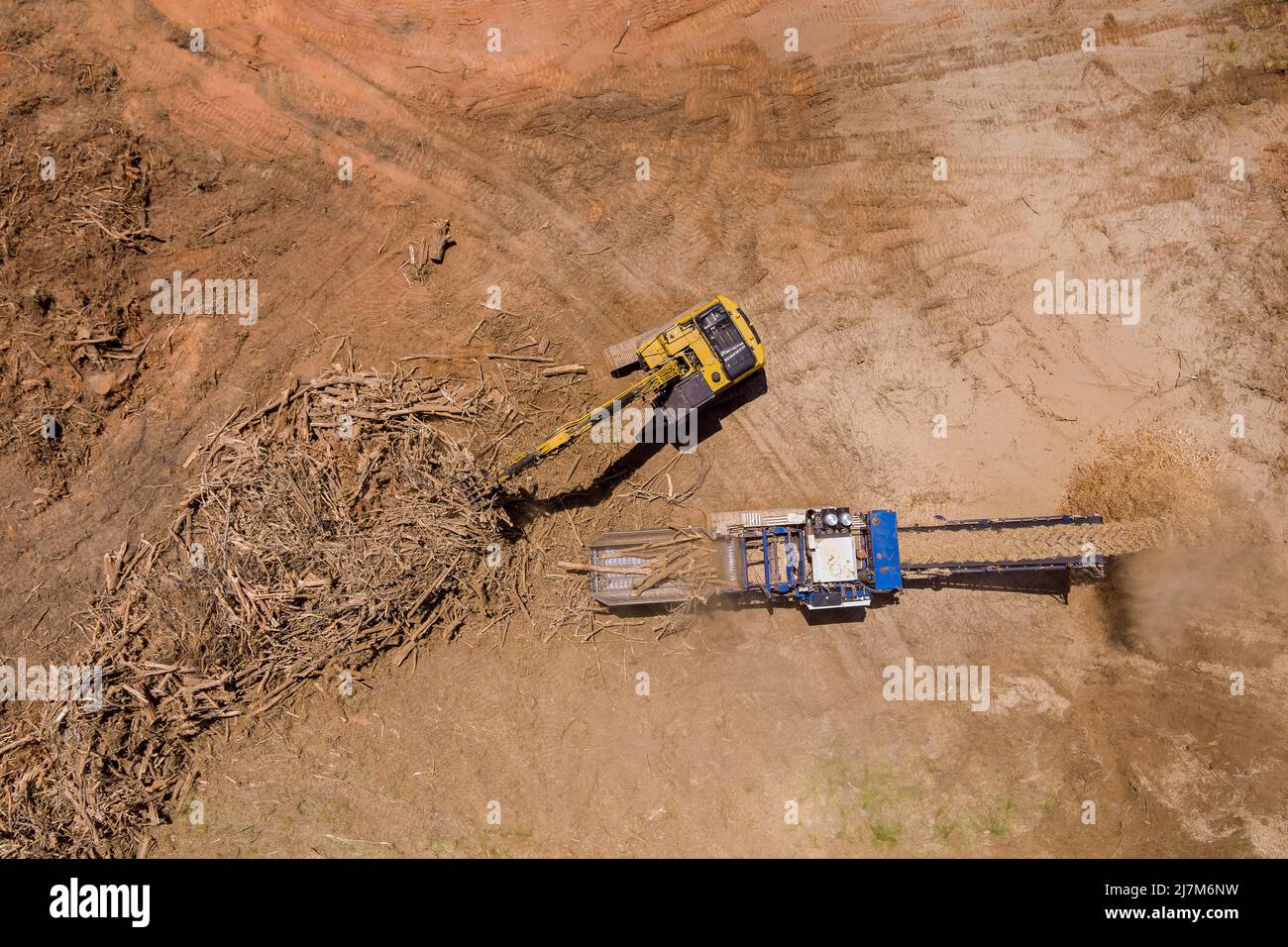 Aerial view on processing facility large industrial wood chip shredder Stock Photo