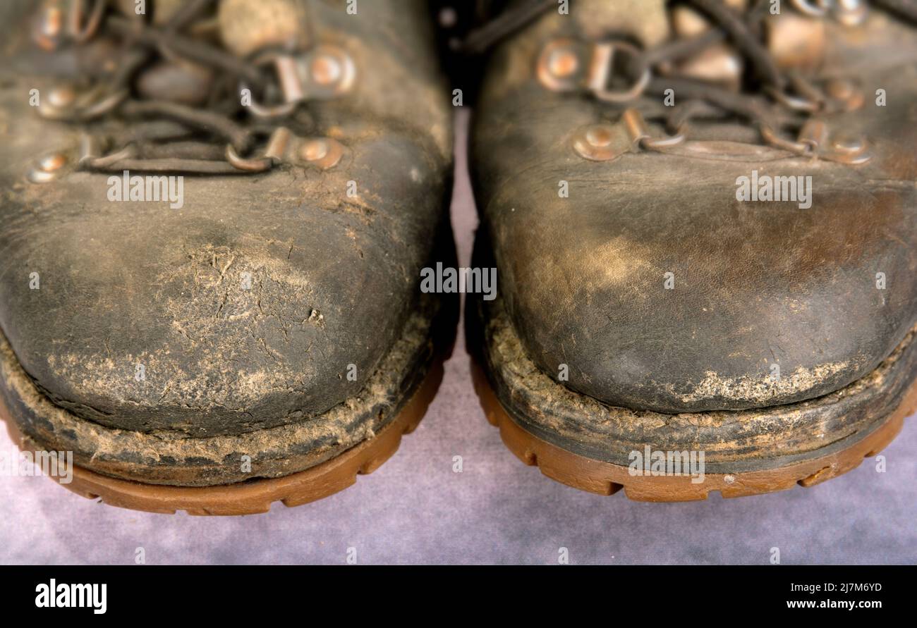 Old brown leather walking boots hi-res stock photography and images - Alamy