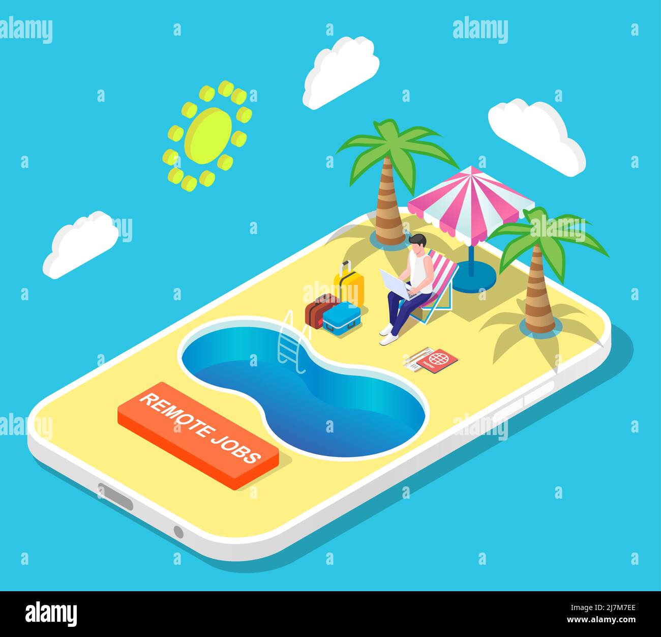 Remote job, freelance concept man work from resort Stock Vector Image