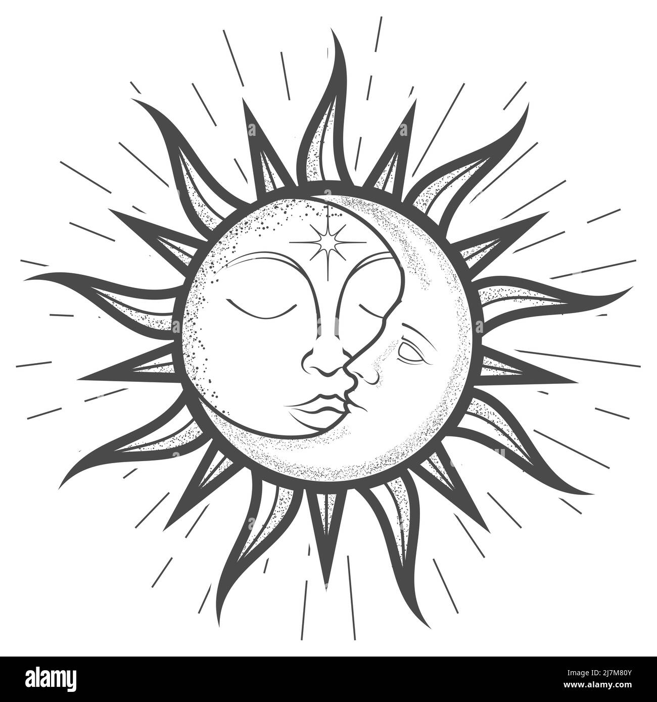 Crescent moon inside sun with face, closed eyes, magical or astrology zodiac sign, tarot sorcery, esoteric symbol, vector Stock Vector