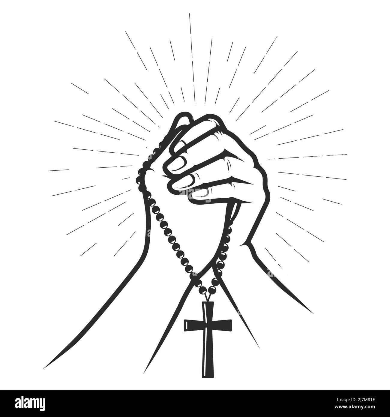 Hands folded in prayer with crucifix on beads, pray for god, faith and hope concept, vector Stock Vector